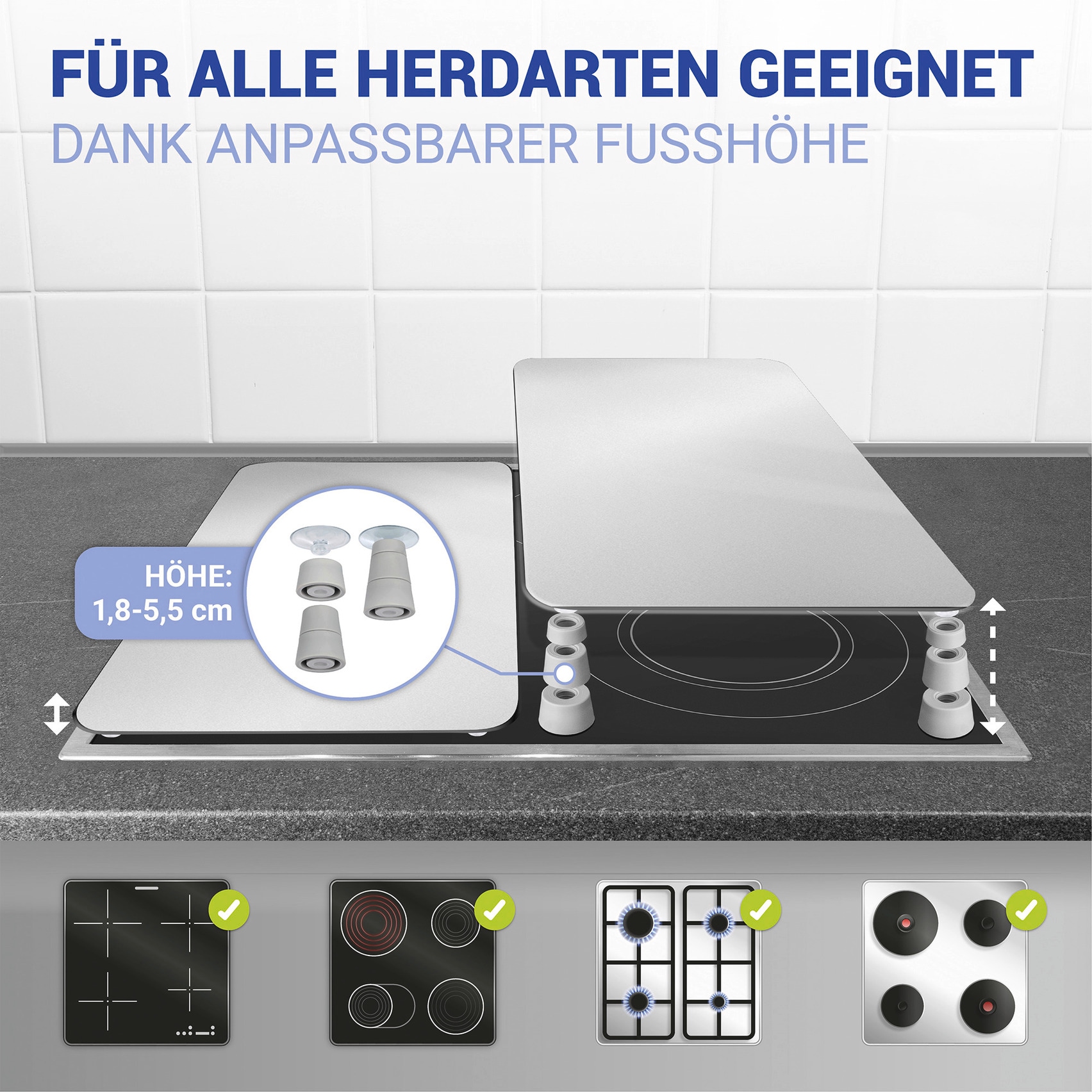 WENKO Herd-Abdeckplatte »Universal Modell Silberfarben«, (Set, 2 tlg.), Herdabdeckung für alle Herdarten, kratzfest, mit rutschfesten Füssen