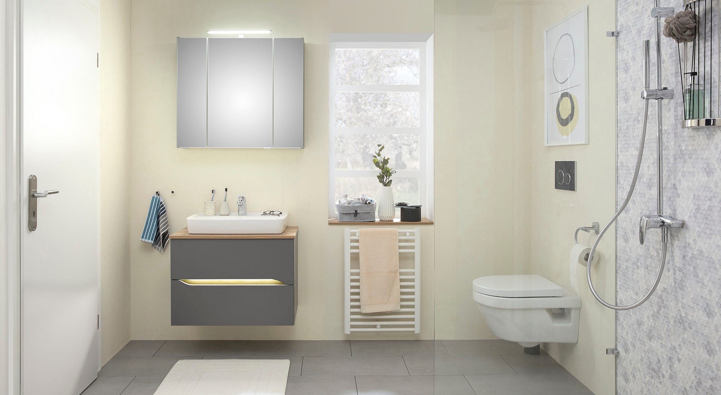Saphir Waschtisch »Quickset Keramik-Aufsatzbecken mit Unterschrank, 73 cm breit« Waschplatz, Unterschrank mit Waschbecken, 2 Schubladen, grifflos
