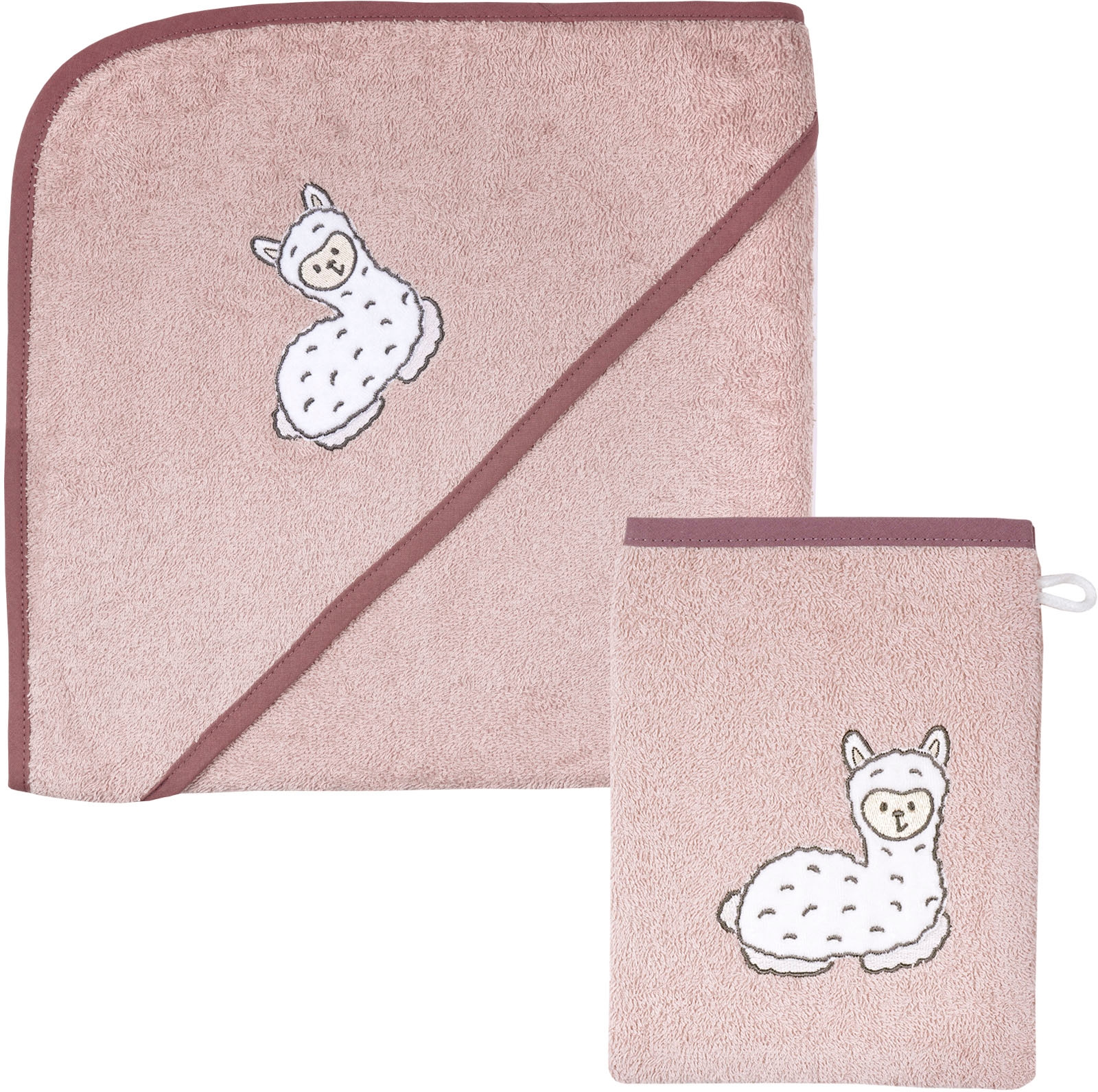 Image of Wörner Handtuch Set "Lama rosa Kapuzenbadetuch 100/100 mit Waschhandschuh" mit süsser Lamastickerei