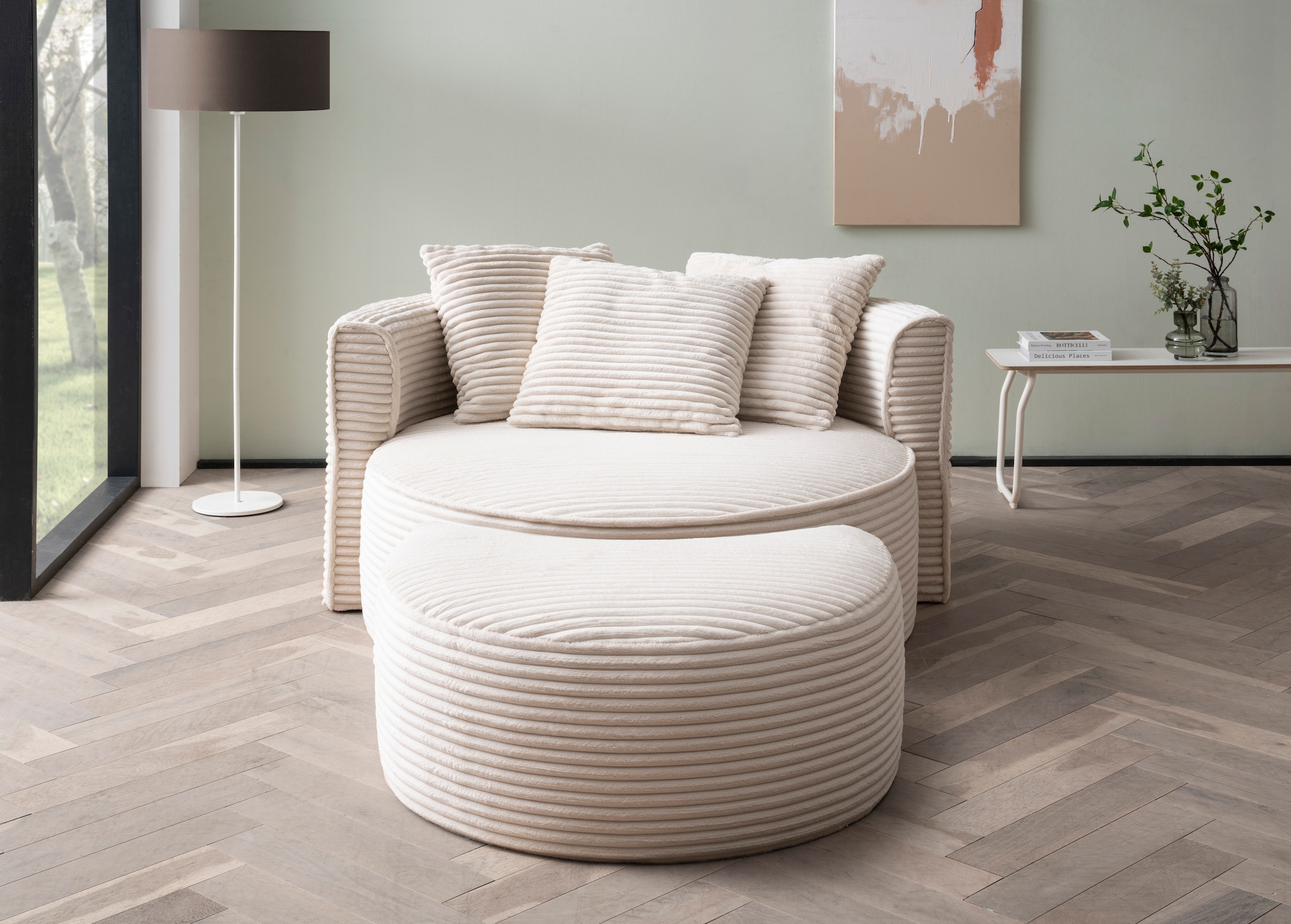 LeGer Home by Lena Gercke XXL-Sessel »Isalie, Rundsessel mit Hocker, Lesesessel, Loveseat, Big-Sessel«, (Set), trendige Stoffe, mit 3 Zierkissen, grosse Sitzfläche