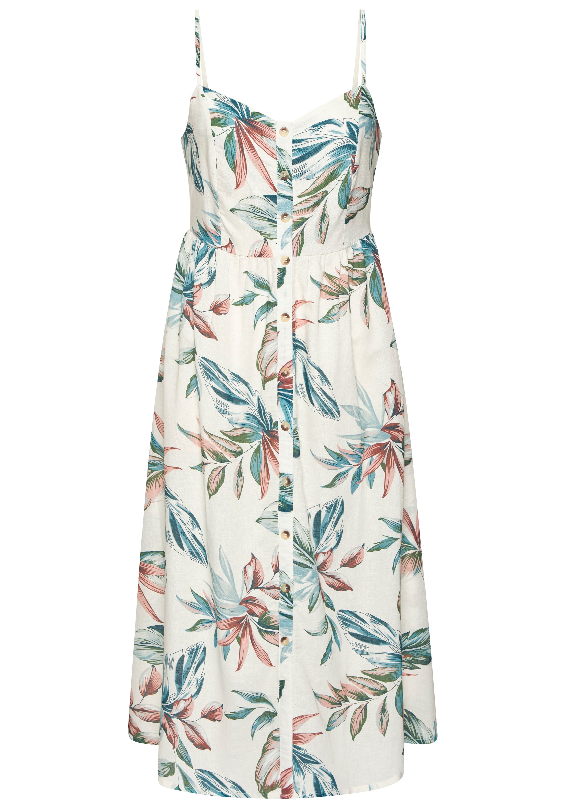 LASCANA Robe midi »mit floralem Druck aus Webware mit Leinenanteil« Sans poches Spaghettikleid, elegantes Sommerkleid, Webkleid mit Alloverdruck