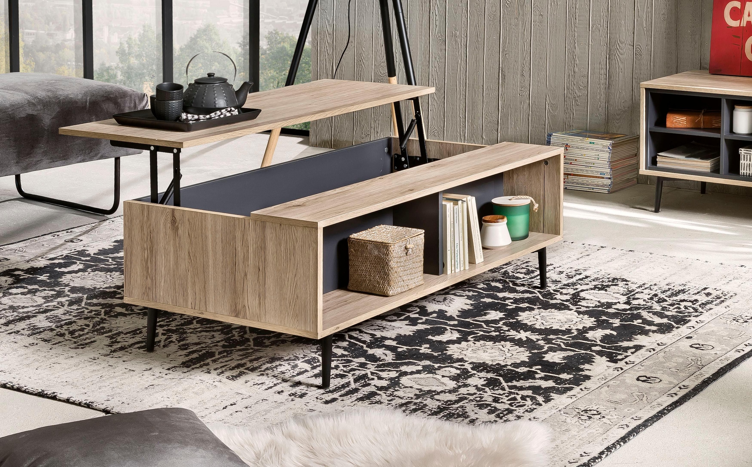 SIT Couchtisch »Mértola im Scandi-Stil mit 2 offenen Fächern und Ausziehplatte« Höhenverstellbare Deckplatte mit ausziehbarer Ablagefläche