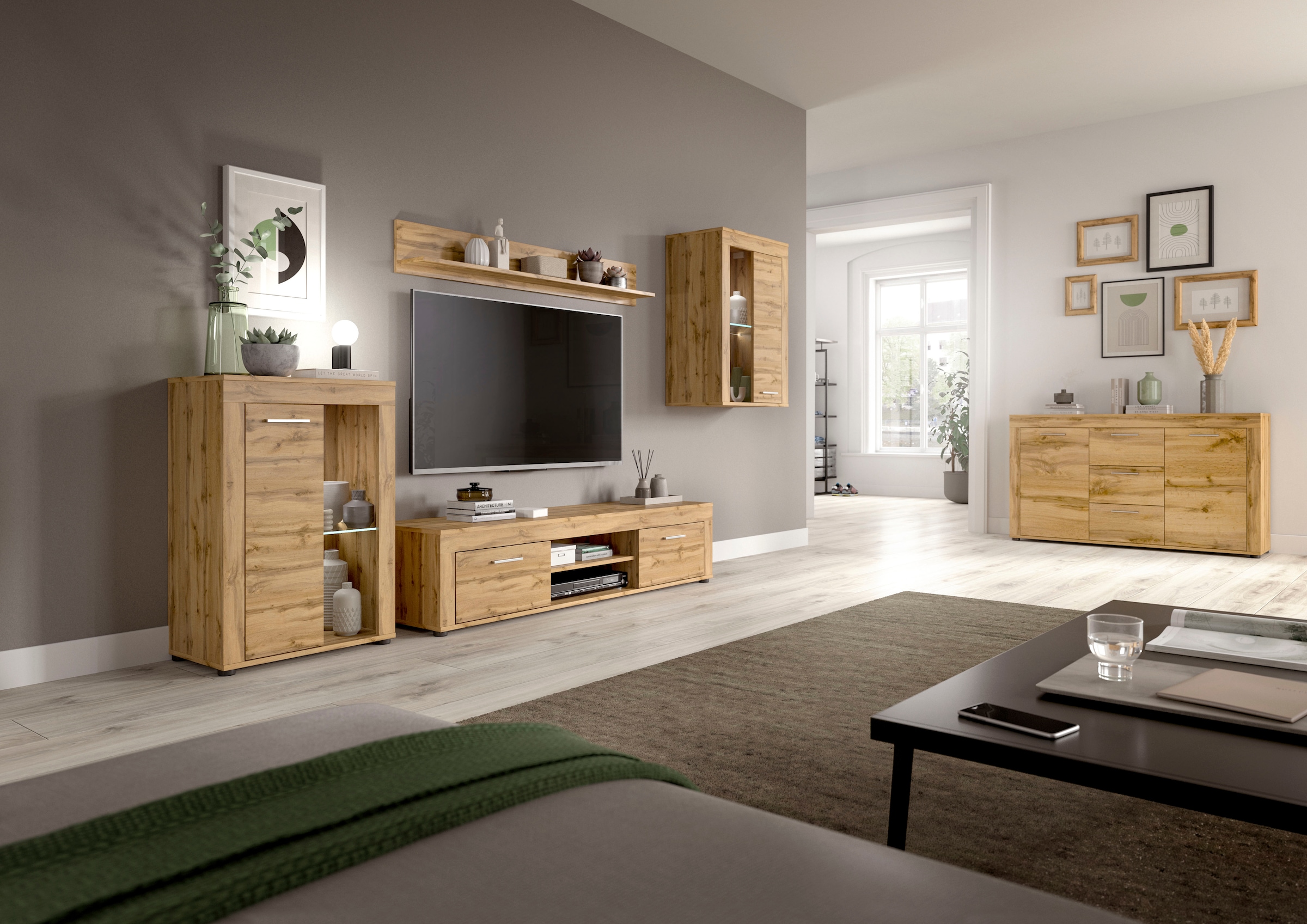 INOSIGN Wohnwand »Aosta,  4-tlg., best. aus: Vitrine, Lowboard, Wandboard & Vitrine hoch« 4 Stk. tlg.