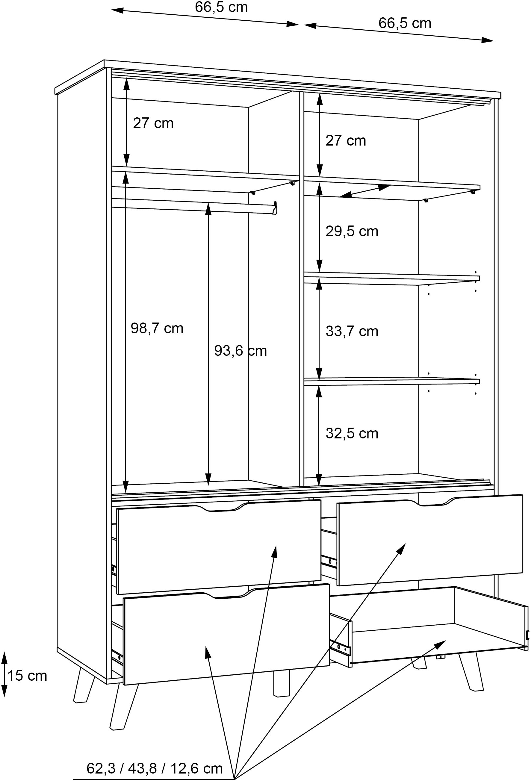 FORTE Schiebetürenschrank »Vankka Viel Stauraum, skandinavischer Stil« B/H/T ca.140x200x50cm,  Made in Europe, mit Einlegeböden+Kleiderstange+Schubladen,grifflos