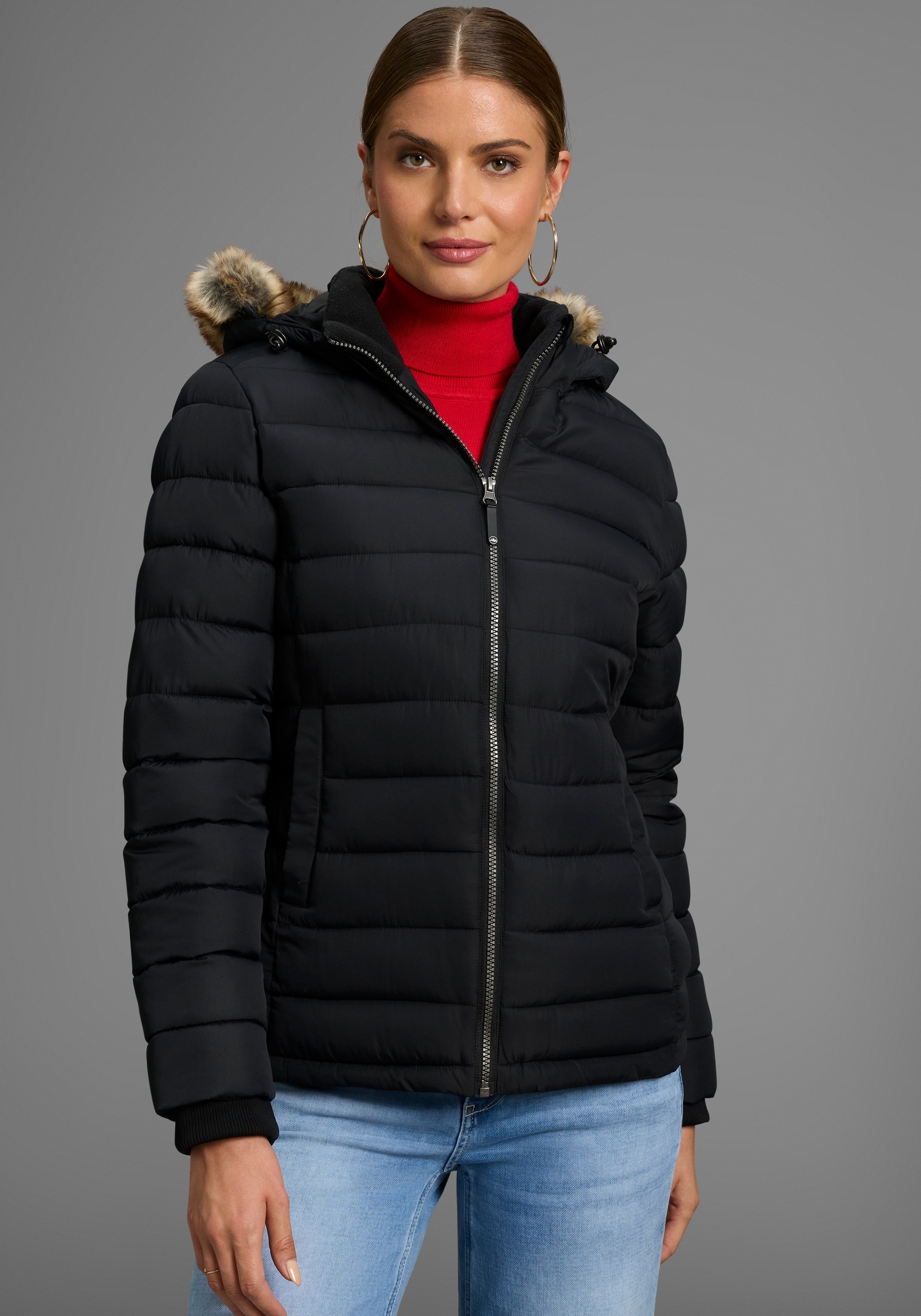 Image of Polarino Steppjacke mit Kapuze Kapuze mit Fellimitat zum Abnehmen