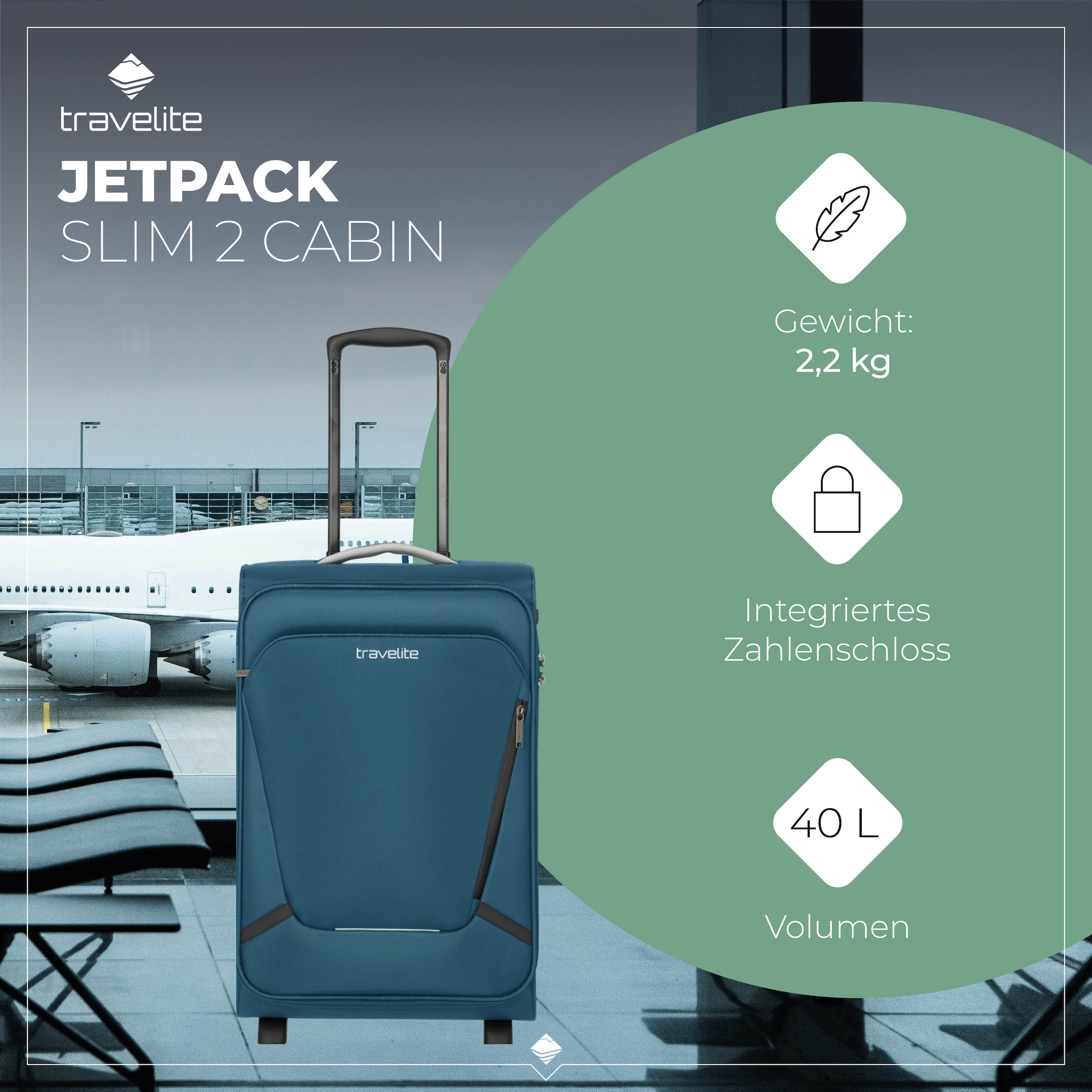 travelite Trolley pour bagages à main »JETPACK Slim 2 Cabin Handgepäck Koffer« 40 litre 4 Rollen bagages souples, compatibles avec de nombreuses compagnies aériennes courantes