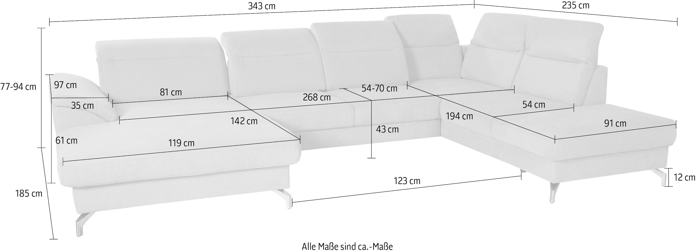 sit&more Wohnlandschaft »Percy U-Form«, 15 cm Fusshöhe, Sitztiefenverstellung, wahlweise in 2 Fussfarben