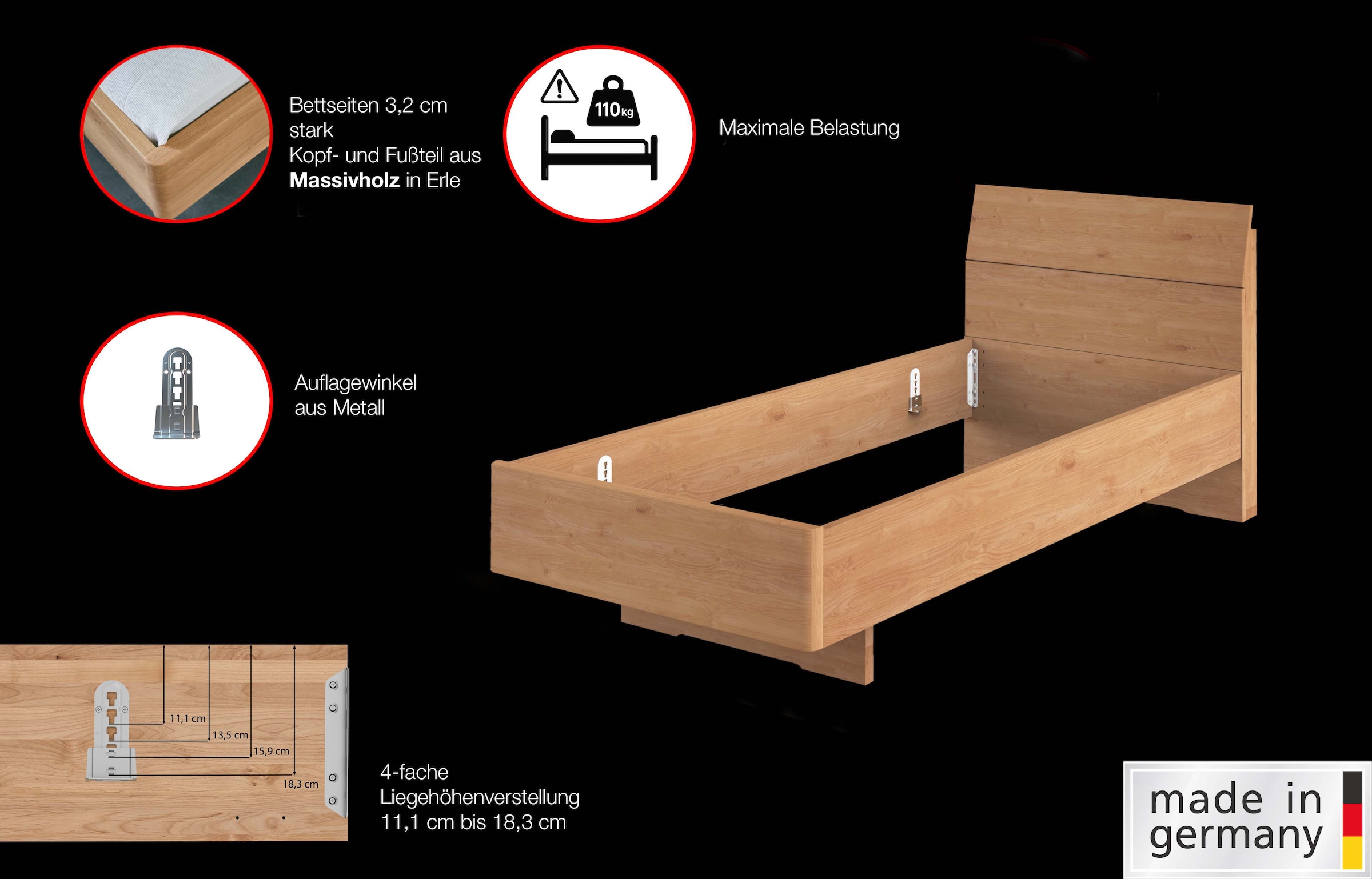 WIEMANN Lit en bois »Cardiff, Bettgestell, Bettrahmen, teilmassiv Erle« Belastbarkeit 110/220 Kg, 4-fache höhenverstellbar, MADE IN GERMANY,  Kopf- und Fussteil aus Massivholz in Erle, verschiedene Grössen