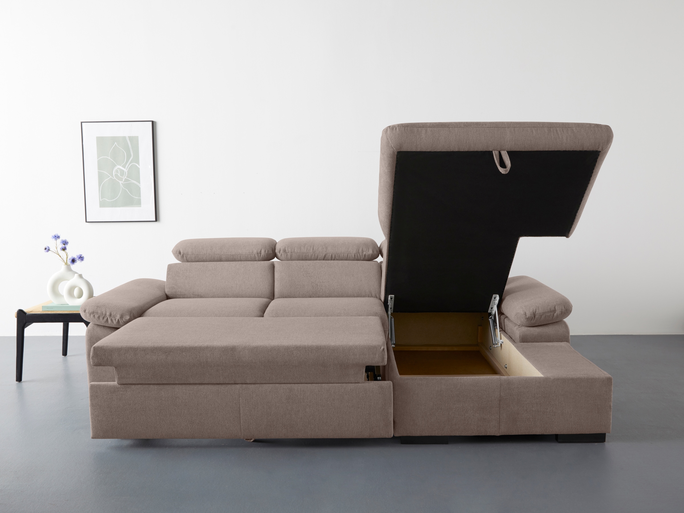 COTTA Ecksofa »Lola L-Form mit Kopfteilfunktion & Hocker«, (Set, mit Hocker), wahlweise mit Bettfunktion, Bettkasten & Armteilverstellung
