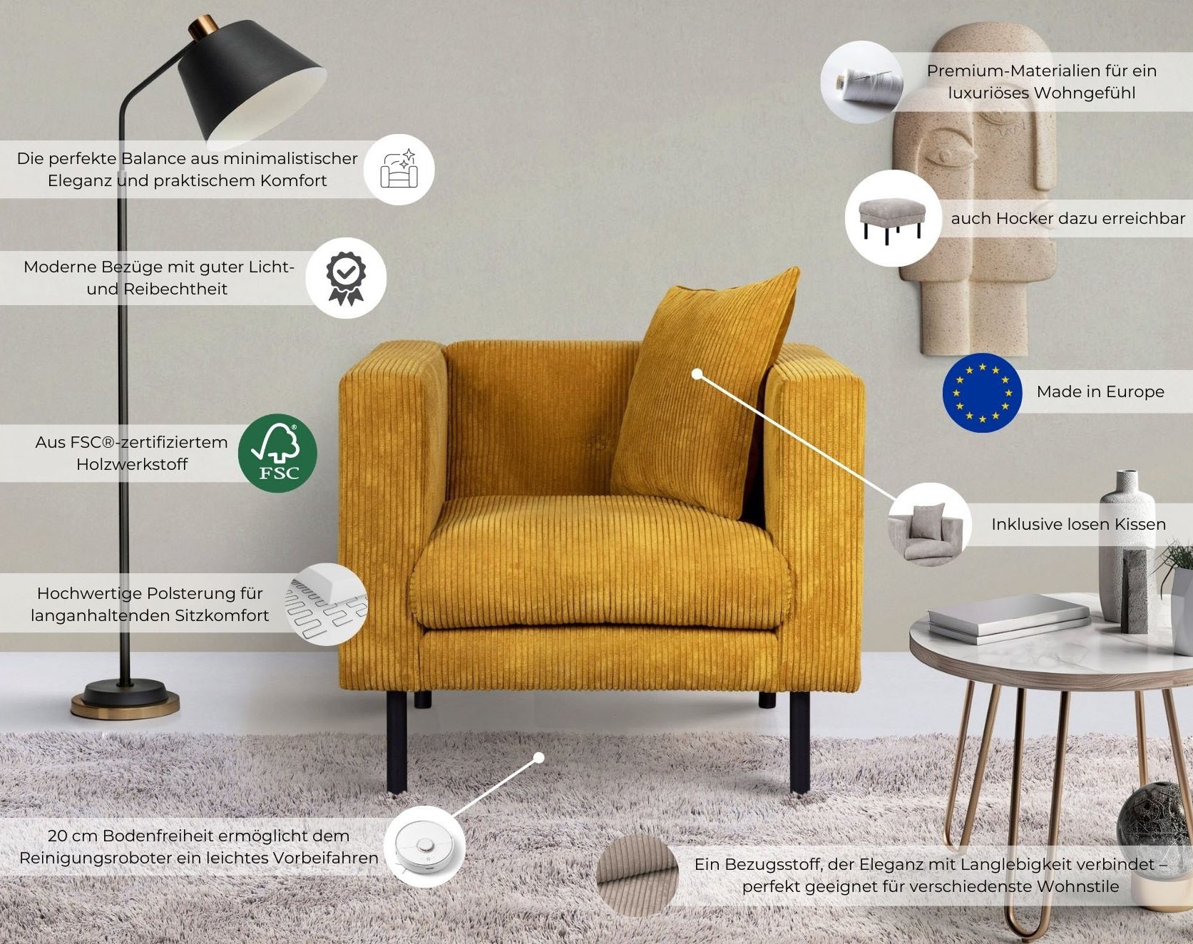 Home affaire Fauteuil »Lillibeth Cocktailsessel, Loungesessel, Masse B/T/H: 90/74/83 cm« Zierkissen als Wendekissen 45x45 cm, in Samtoptik oder Cord