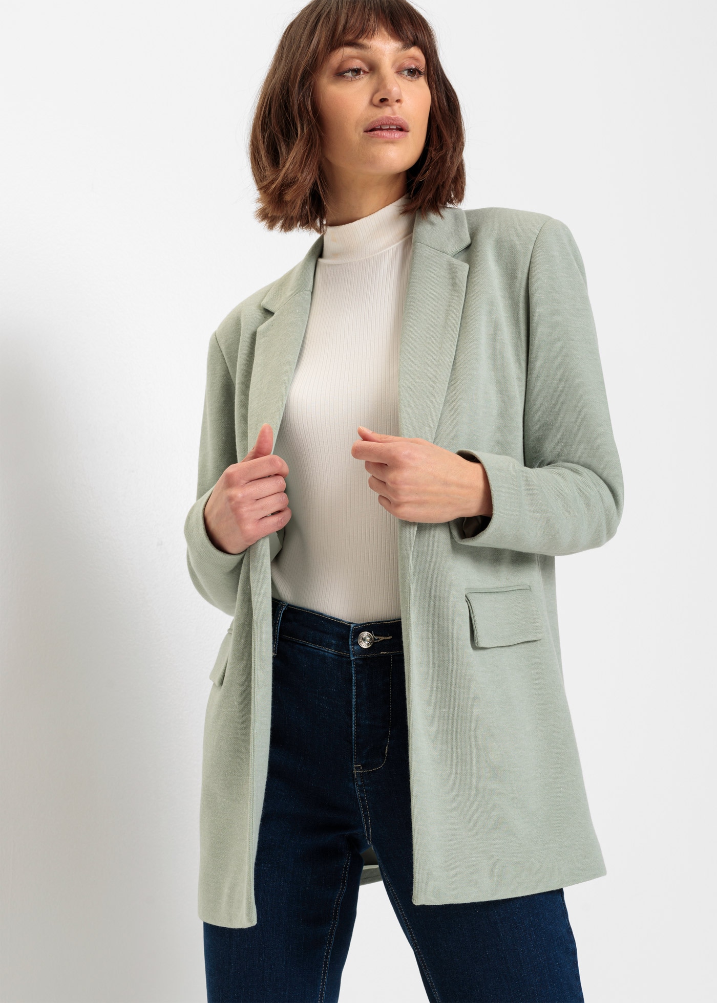bonprix Blazer en jersey »Langer Jersey-Blazer mit Taschen« 1 mit Reverskragen, lockere Passform, aus Viskose und Polyester