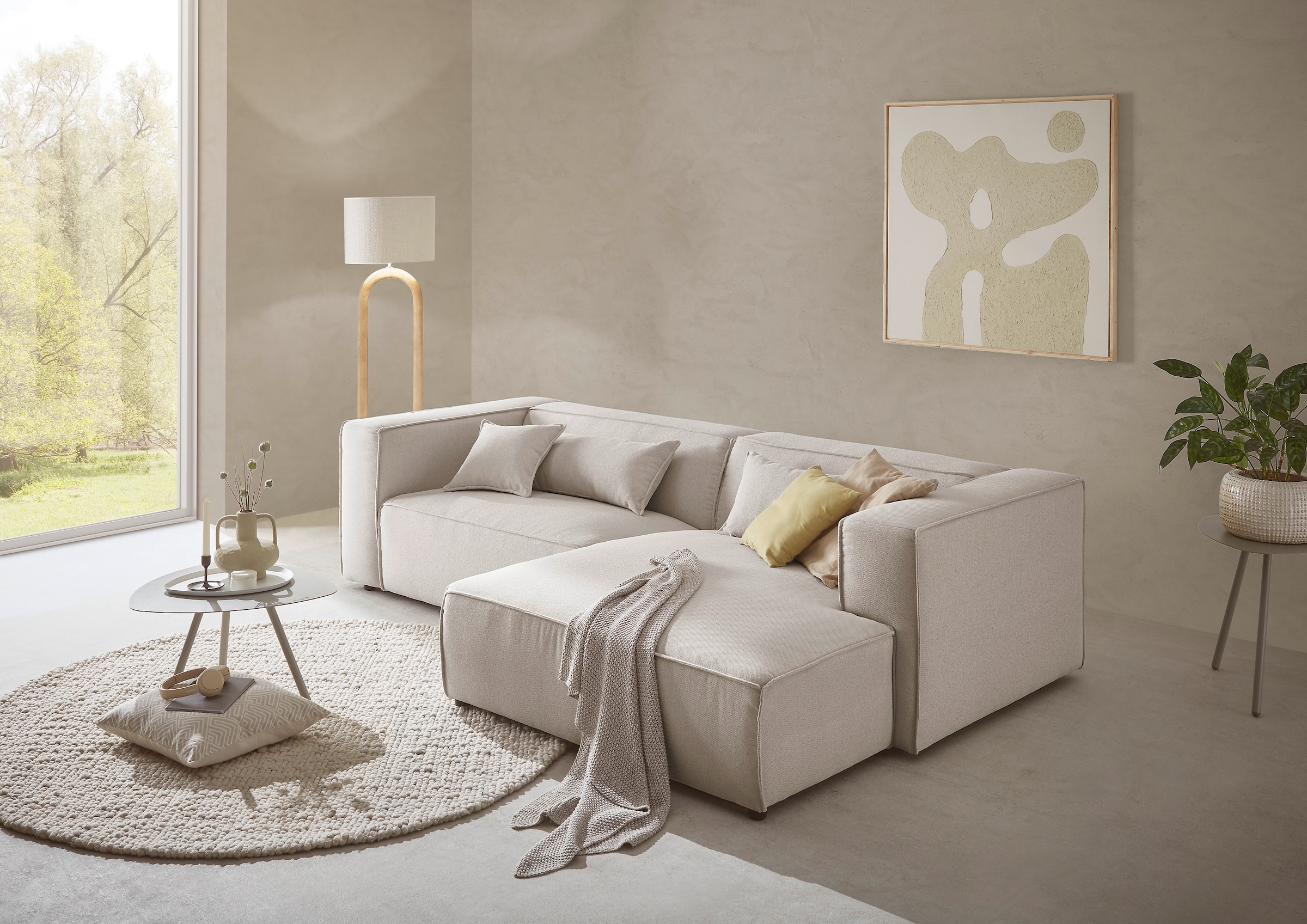 LeGer Home by Lena Gercke Ecksofa »PIARA mit Kedernaht, Cord, Leinenoptik o. Strukturstoff, Couch, L-Form«, wahlweise Ottomane rechts/links, schwarze Füsse, bequemer Sitzkomfort