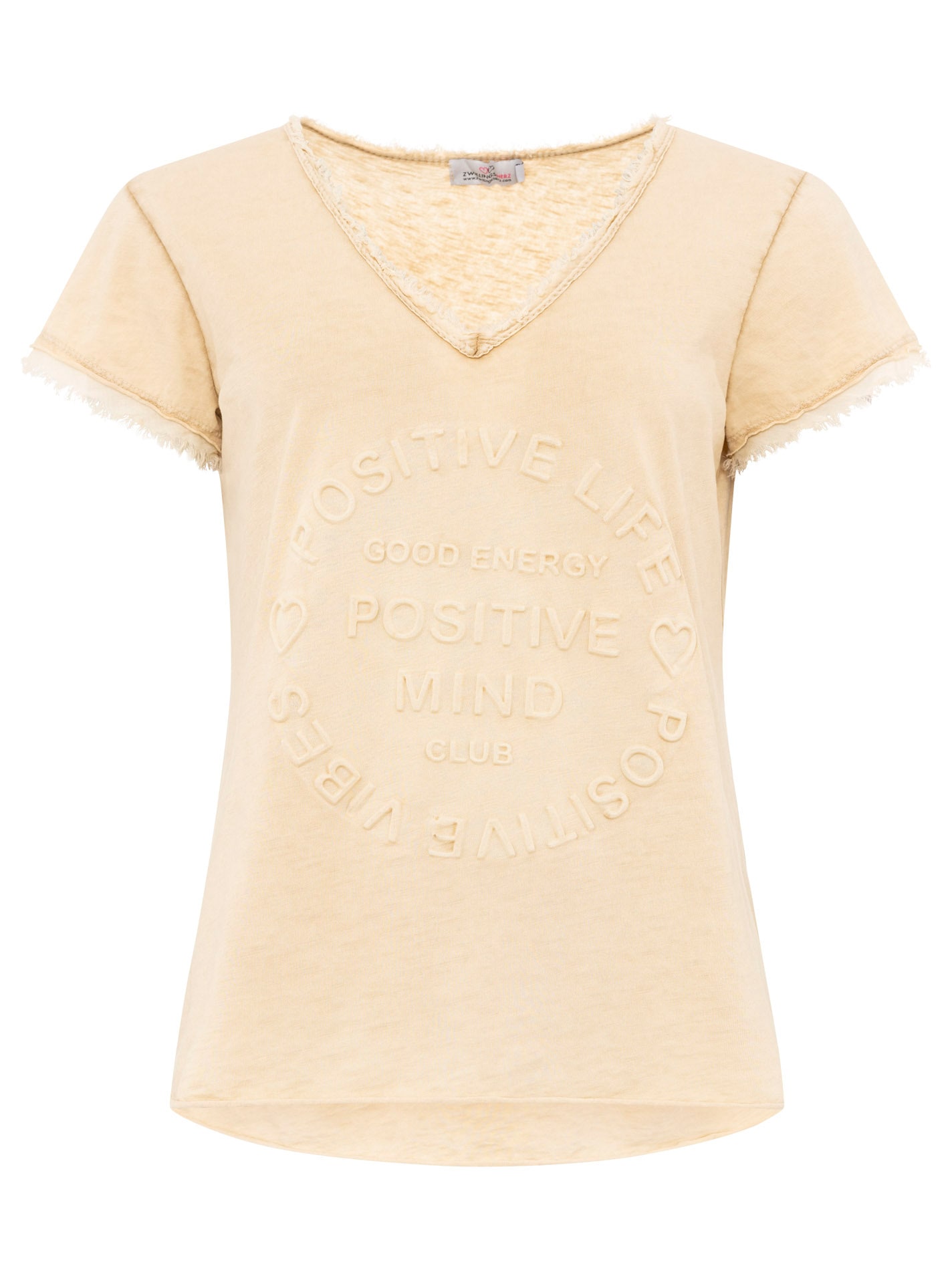 Zwillingsherz T-Shirt »"Positive Mind"«, V-Ausschnitt, Kurzarm, Used-Look, Baumwolle, ausgefranste Kanten