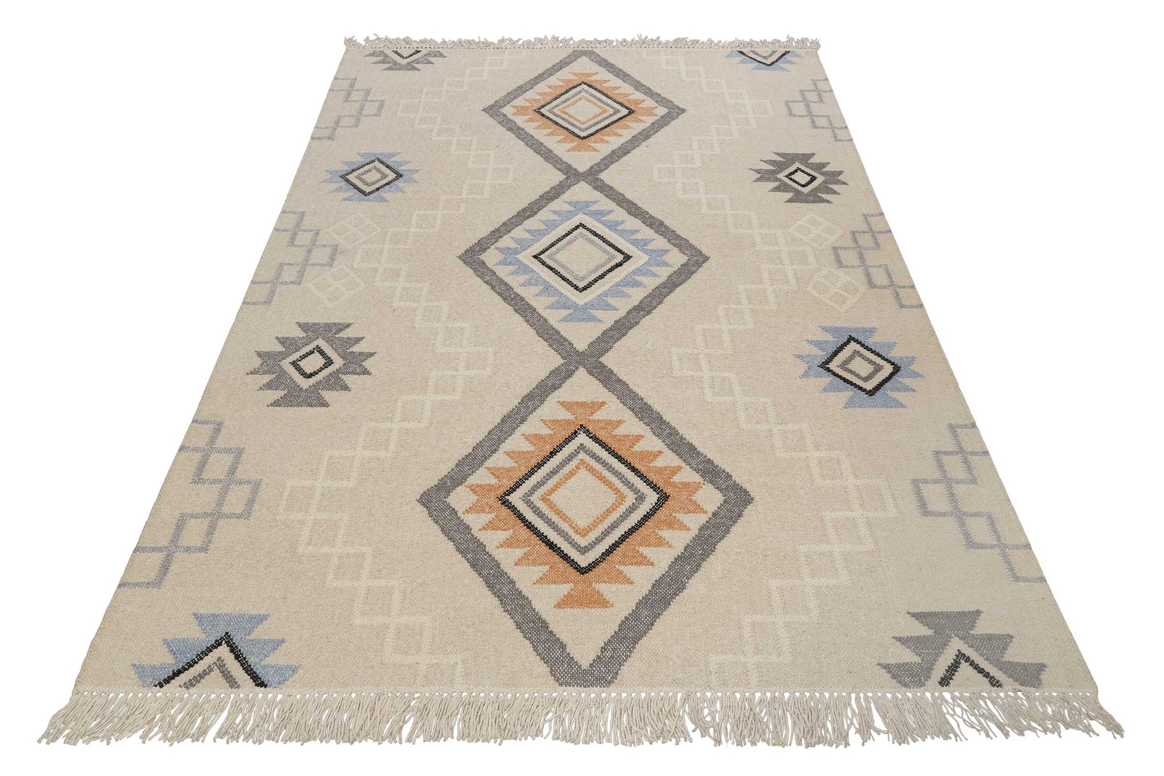 Green Looop Wollteppich »Jong« rechteckig 5 mm Höhe Fransen, Kelim, handgewebt, Natur, Wohnzimmer, Schlafzimmer, Raute