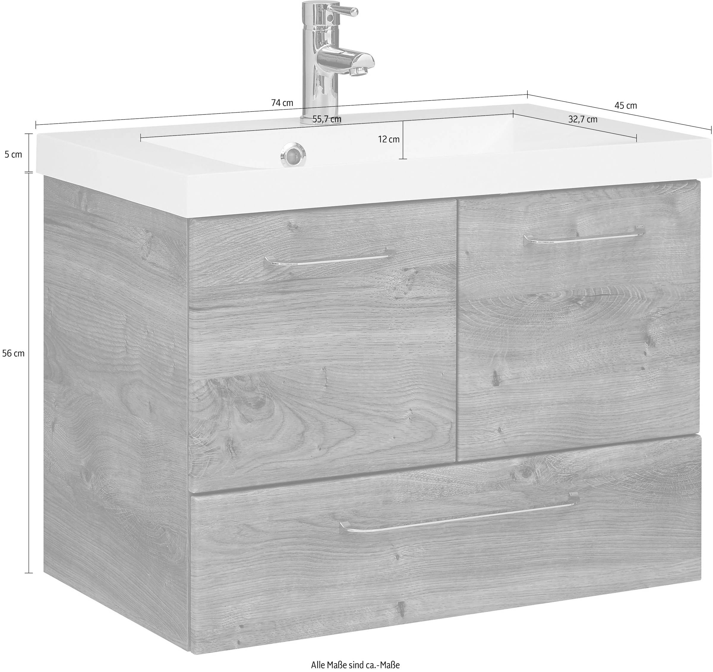 Saphir Table de lavage »Quickset Mineralmarmor-Waschtisch mit Unterschrank, 74 cm breit« poste de travail, poignées chromées brillantes, incl. amortisseur de porte, 2 portes, 1 tiroir