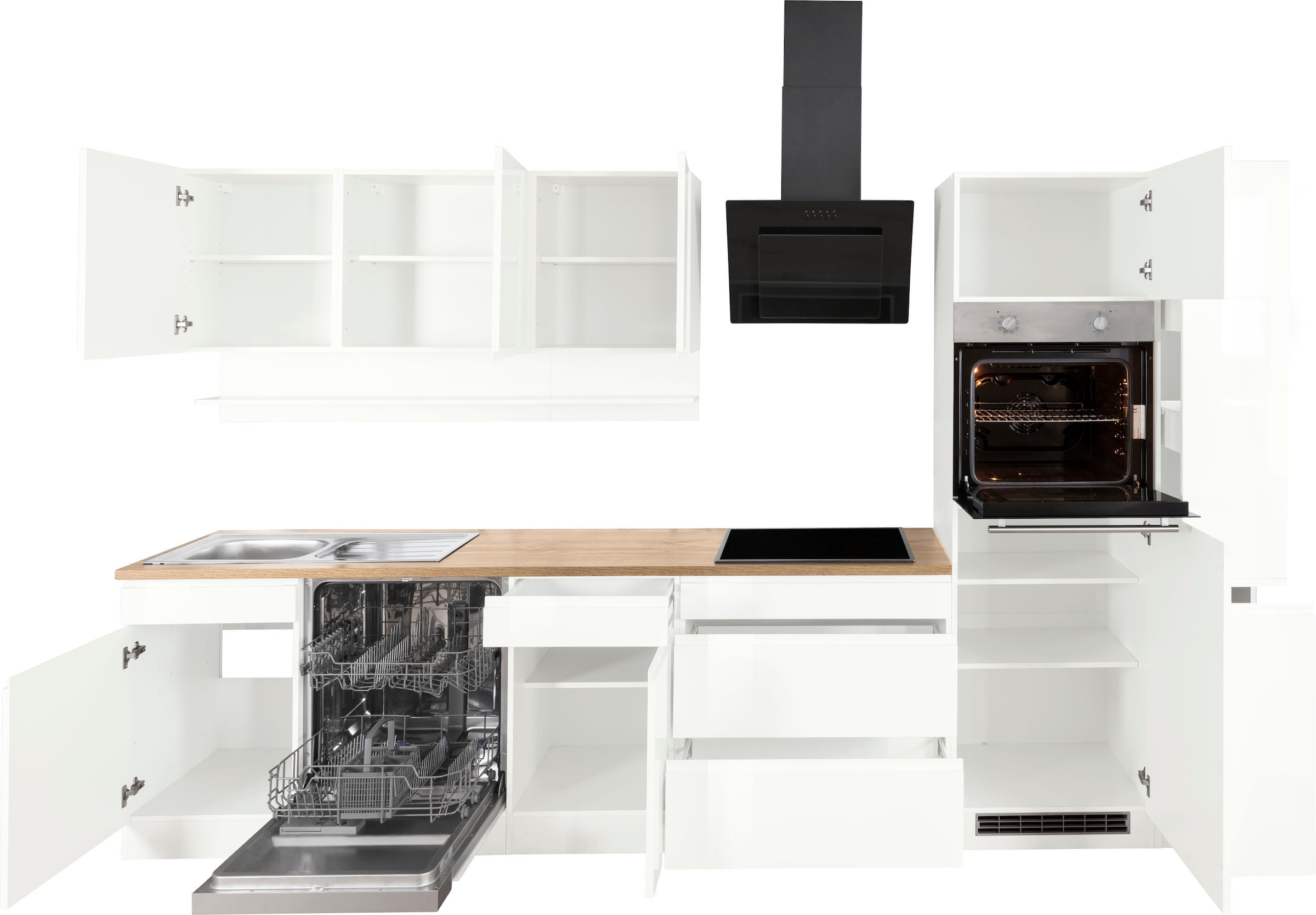 KOCHSTATION Küchenzeile »KS-Virginia,neu in verbesserter Ausführung« Arbeitsplatte 38 mm stark, Stauraum, Softclose,  Breite 330 cm, Soft-Close, ohne E-Geräte