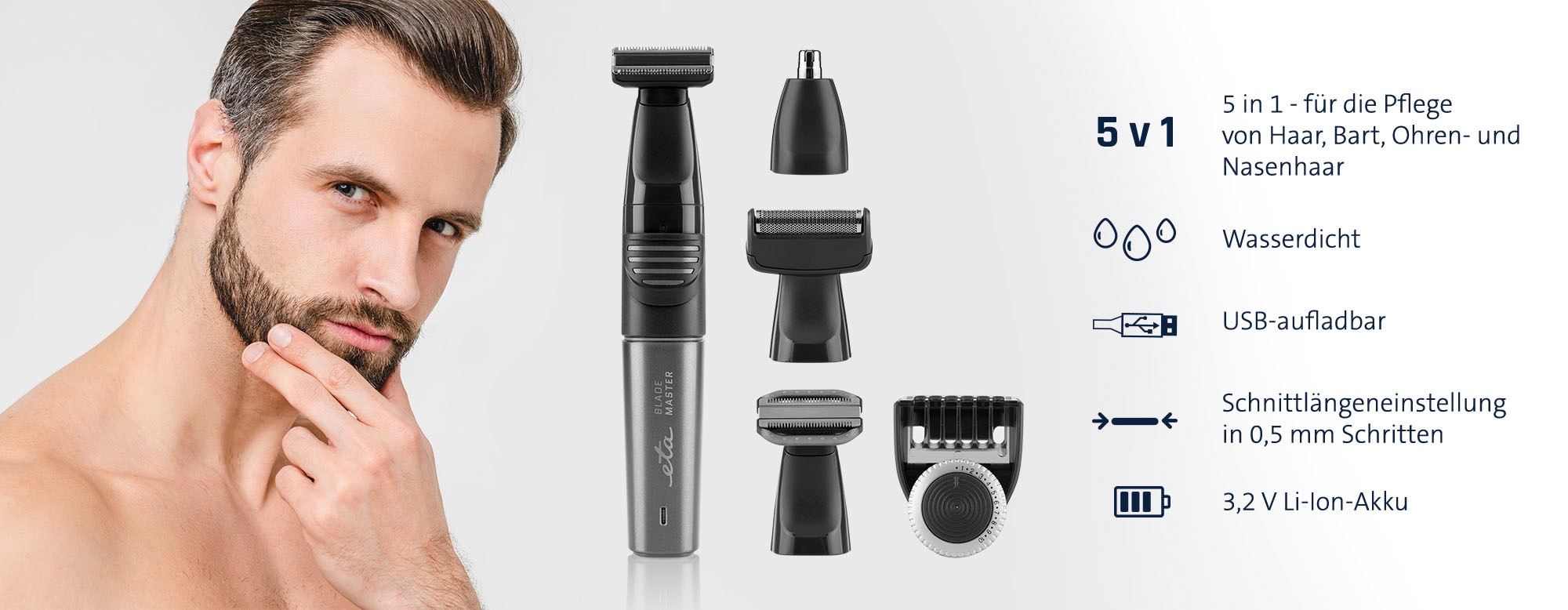 eta Rasoirs électriques »Haar- und Bartschneider BladeMaster ETA034190000« 5 cuis Aufsätze Tondeuse de précision SmartClick 5-in1-Multifunktionstrimmer