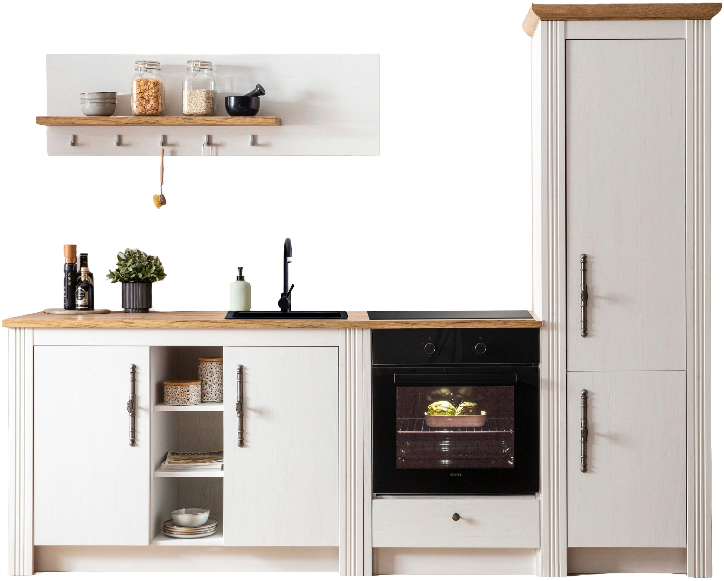 GOODproduct Küchenzeile »KS-Westminster, Pantryküche im Landhaus Stil, hochwertige Metallgriffe« Set,  Breite 257 cm, Kommode, Wandpaneel, Stauraumschrank, Herdumbau