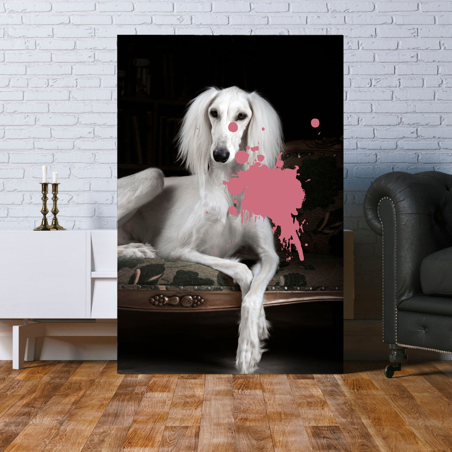 queence Tableau en verre acrylique »Hund mit Farbklecks« Fine Art-Print in Galeriequalität
