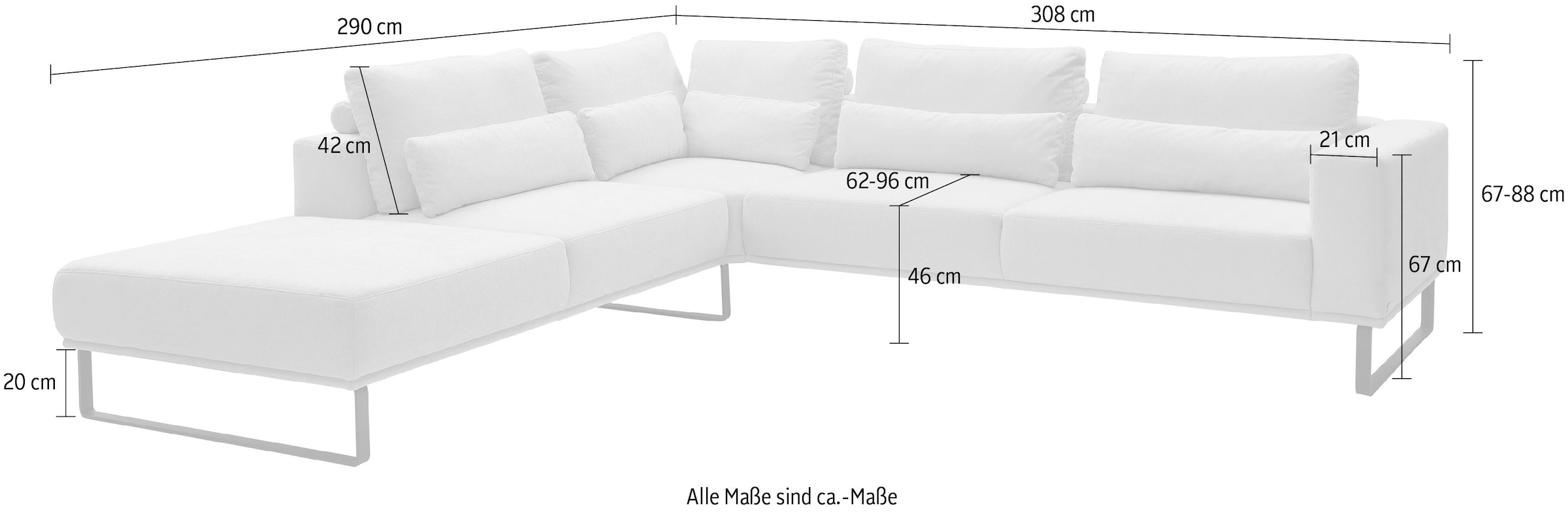 Musterring Canapé d'angle »JustB! PM100 Federkern & Kaltschaum, bequem, Breite 308cm, L-Form« avec réglage de la profondeur d'assise et coussin, avec patin en métal, dimensions 290x308 cm