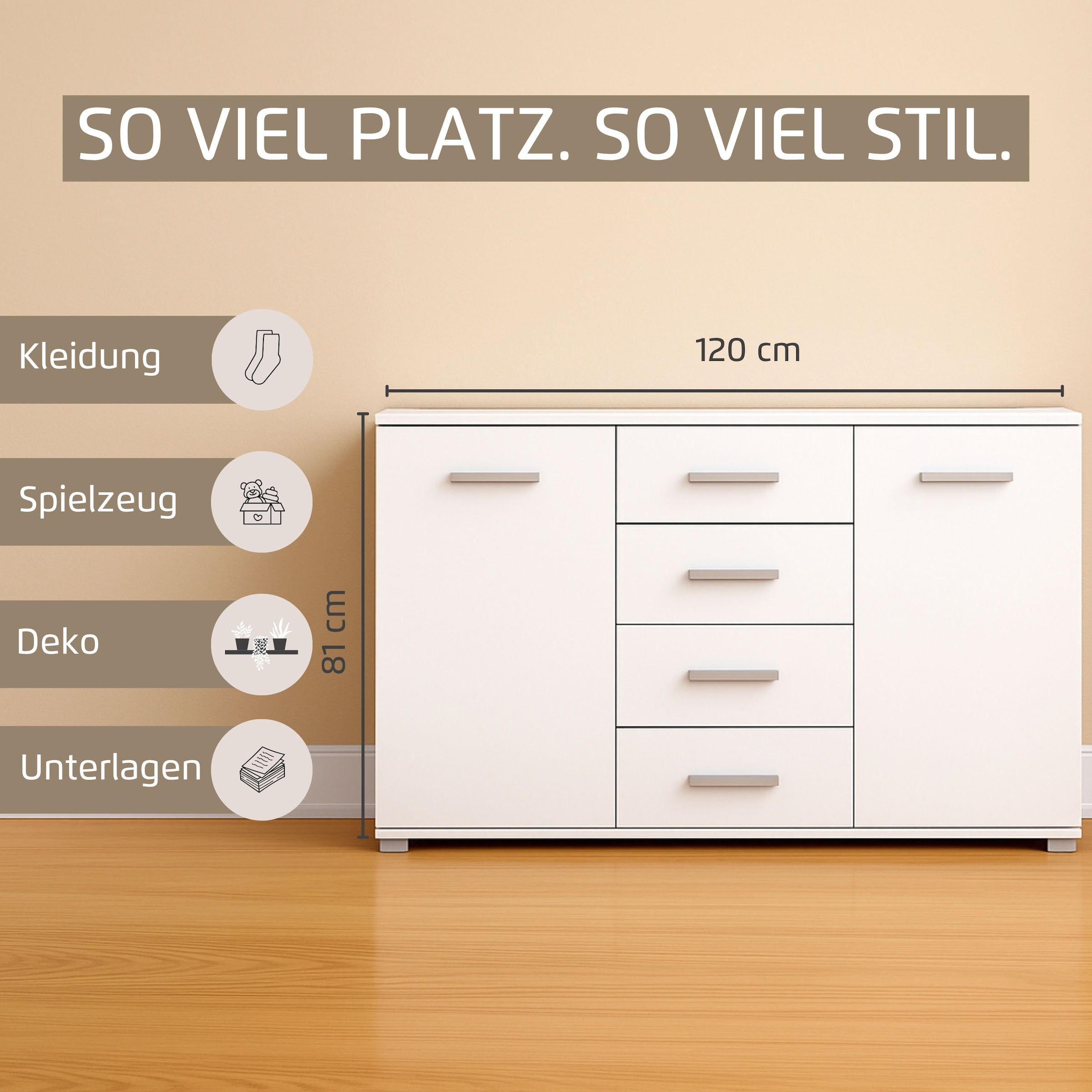 rauch Schubkastenkommode »Sideboard Kommode Kombikommode KOLUNA mit Glasfront« Breite 120 cm mit hochwertiger Glasfront,  vier grosse Schubladen, mit insgesamt 4 Einlegeböden MADE IN GERMANY