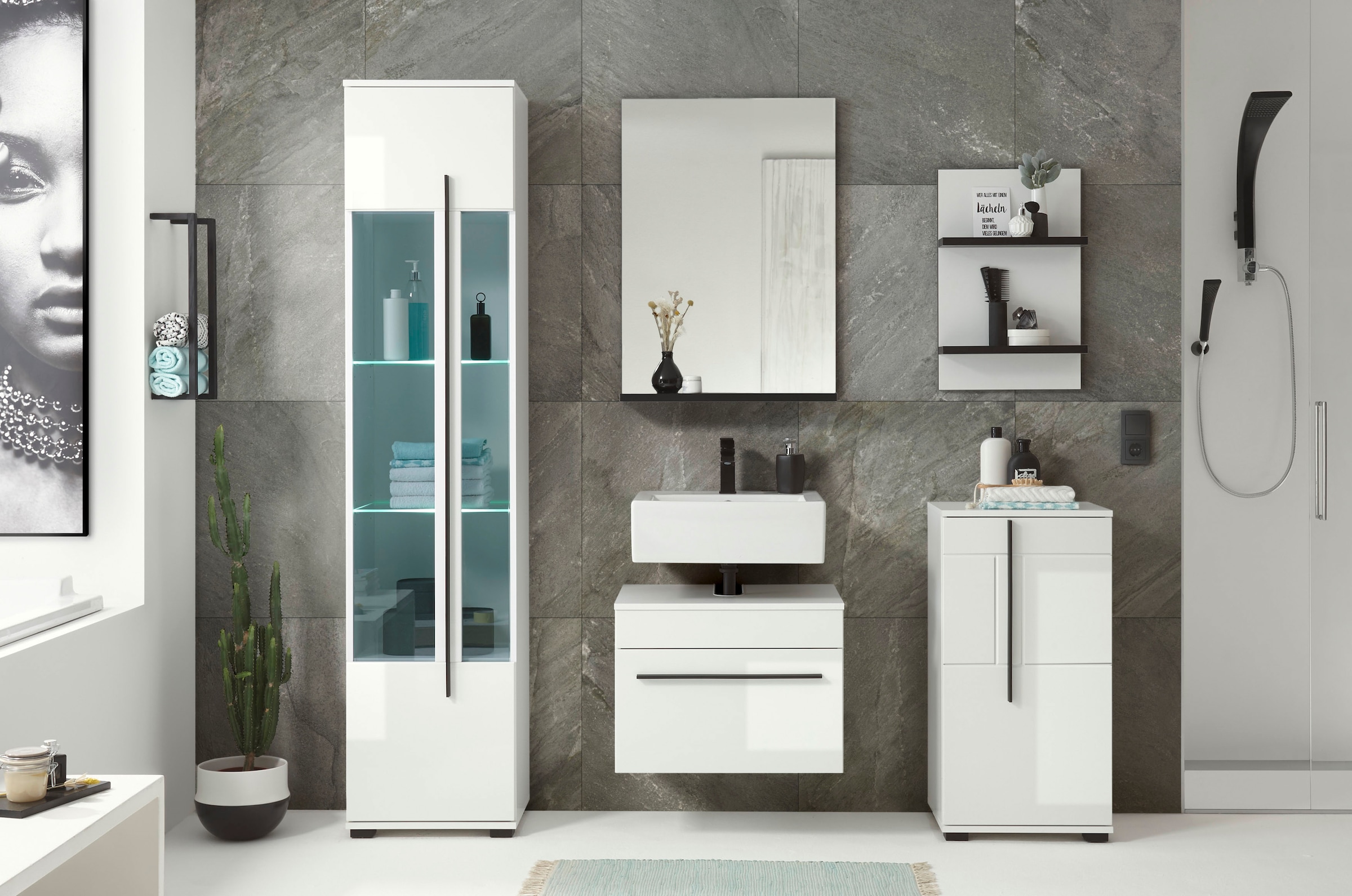INOSIGN Waschbeckenunterschrank »Cantara, Badschrank in Hochglanz Weiss, Waschtisch«, mit schwarzem Griff, ausreichend Stauraum