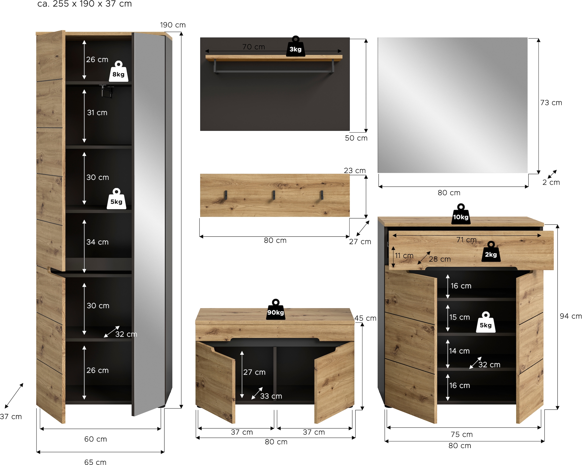 INOSIGN Garderoben-Set »Rehat, Garderobenkombination, Breite 255cm«, (6 St.), 6-teiliges Flurgarderoben Set mit viel Stauraum, Flur Möbel