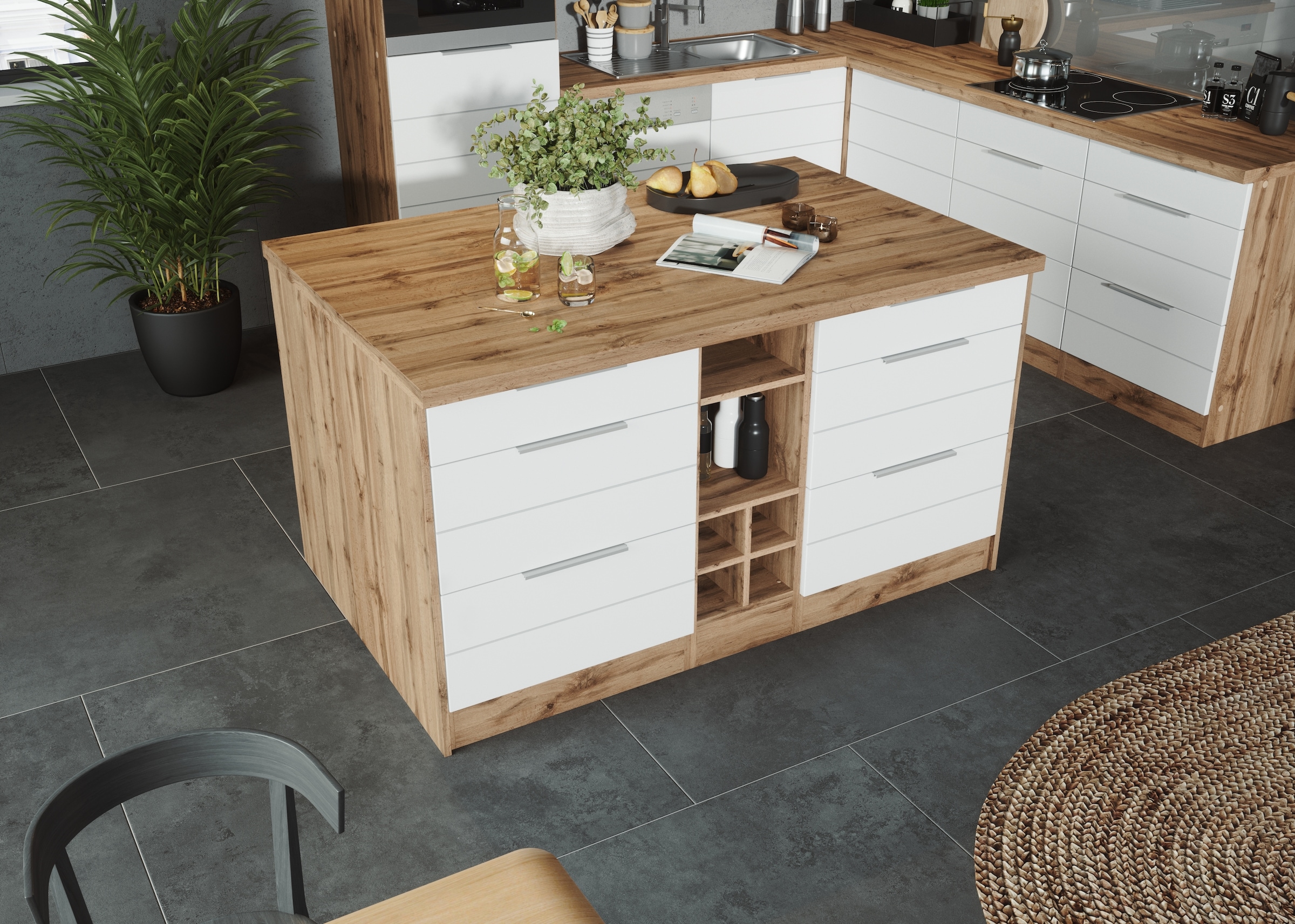 KOCHSTATION Kücheninsel »KS-Luhe, Breite 153 cm, mit Flaschenregal« MDF-Fronten, Arbeitsplatte 38mm stark