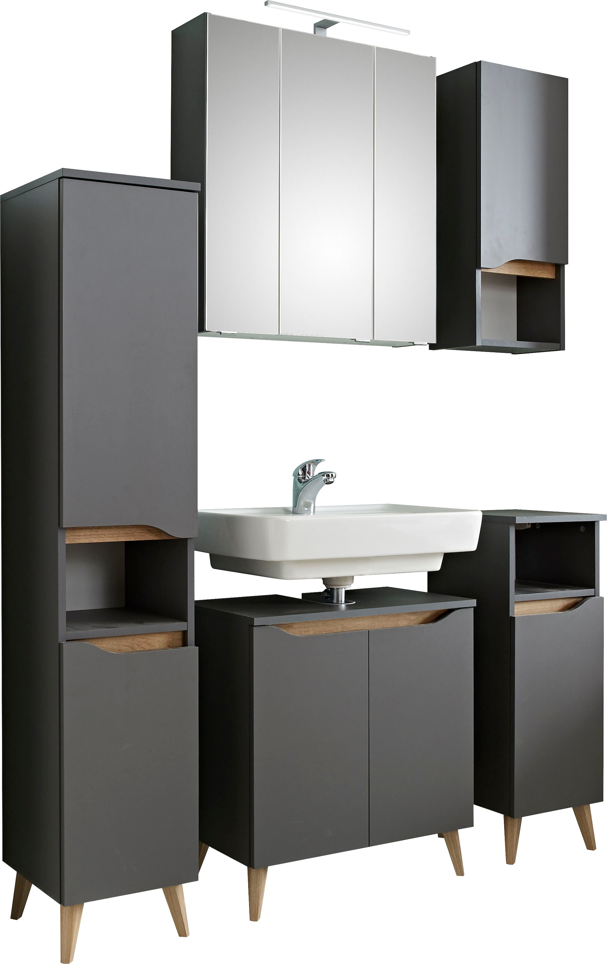 Image of Saphir Badmöbel-Set "Quickset 5-teilig Waschbeckenunterschrank und LED-Spiegelschrank" 5 Stk. tlg.
