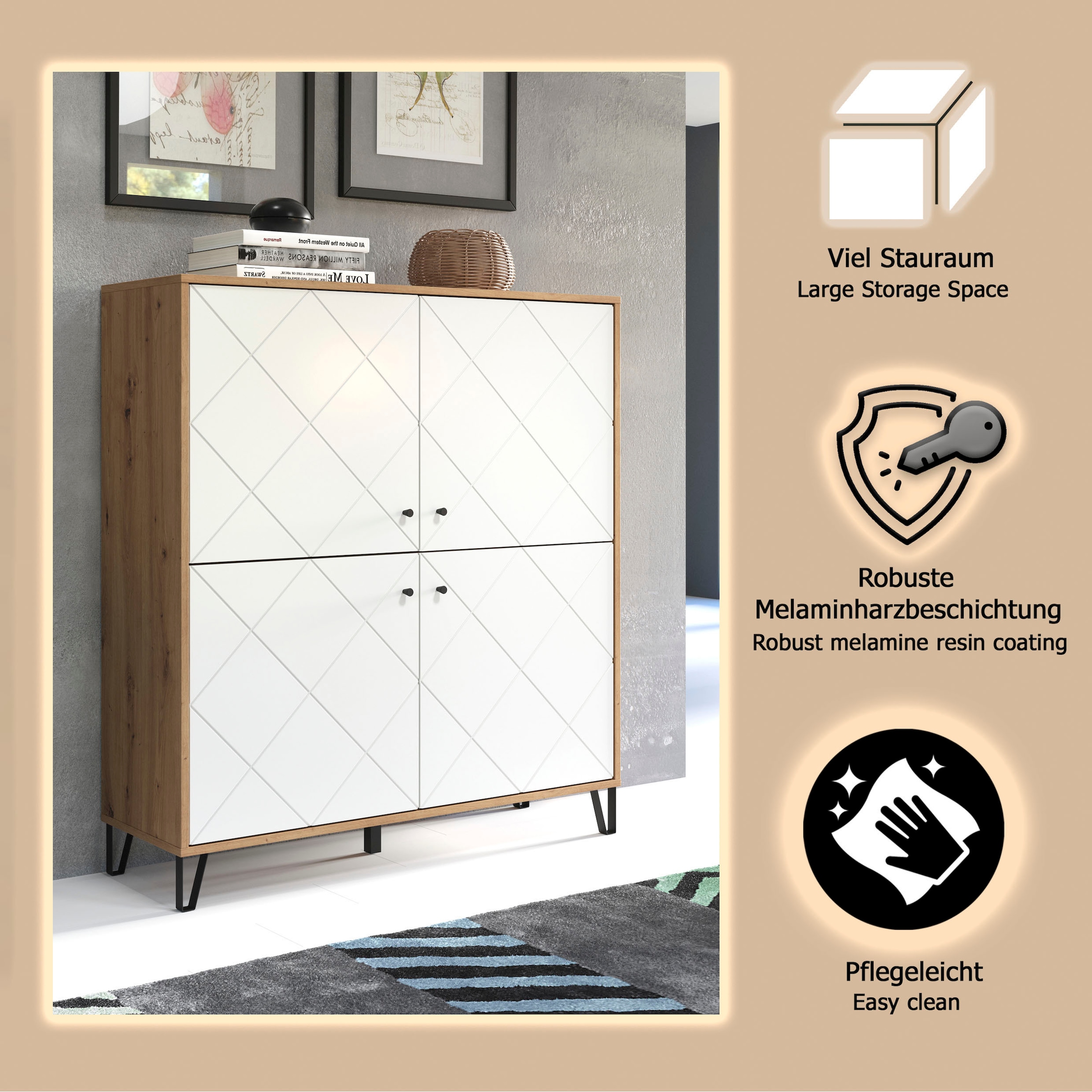 PLACES OF STYLE Buffet haut »Tarragona« Highboard mit 4 Türen & Soft-Close - (B/T/H) 123/40/136 cm