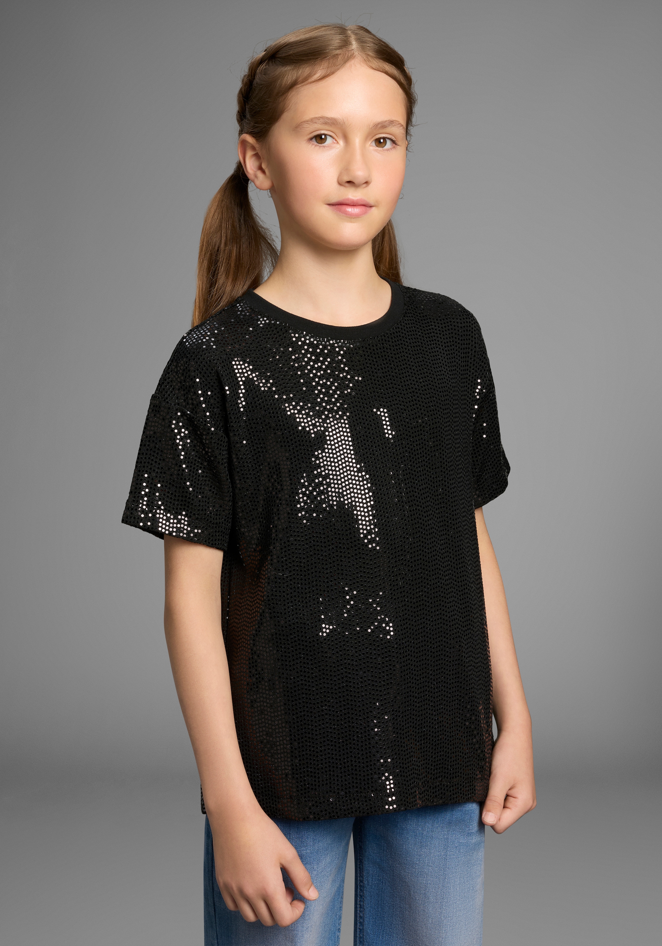 Image of Bruno Banani T-Shirt "festliches Glitzershirt in Paillettenoptik, für Mädchen" Für TEENS, Shirt aus glitzernden Material