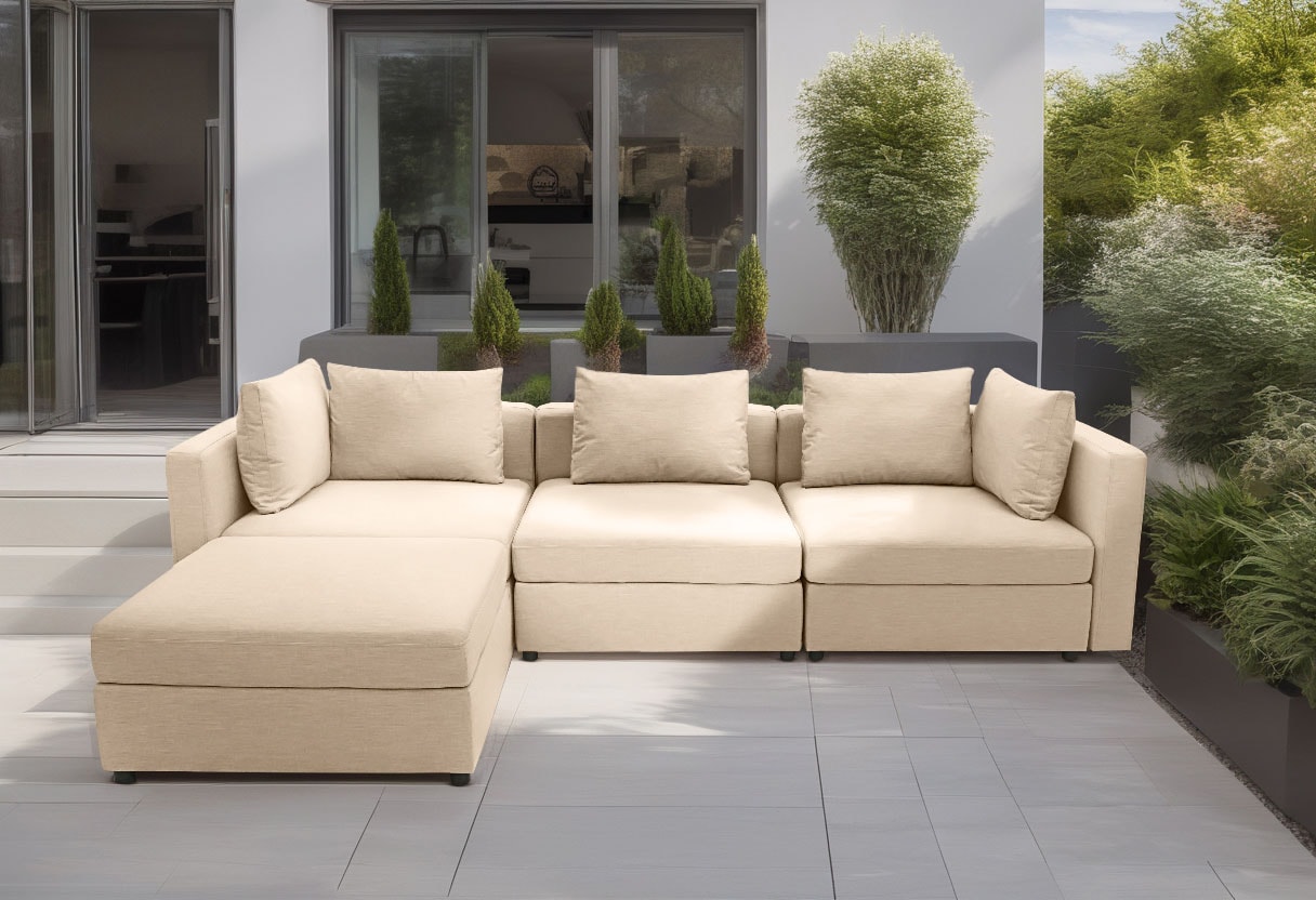 DOMO collection Ecksofa »Solskin, individuell erweiterbar/kombinierbar L-Form«, mit losen Kissen. Rücken- und Seitenteile als Stecksystem.