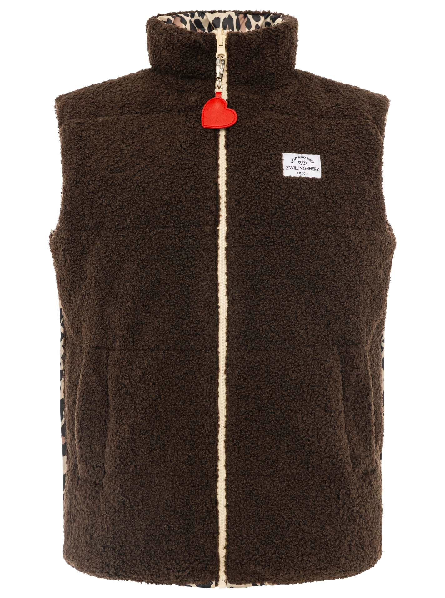 Zwillingsherz Gilet réversible »"Leo Teddy"« réversible, avec fermeture éclair, pendentif cœur, motif léopard, poches latérales