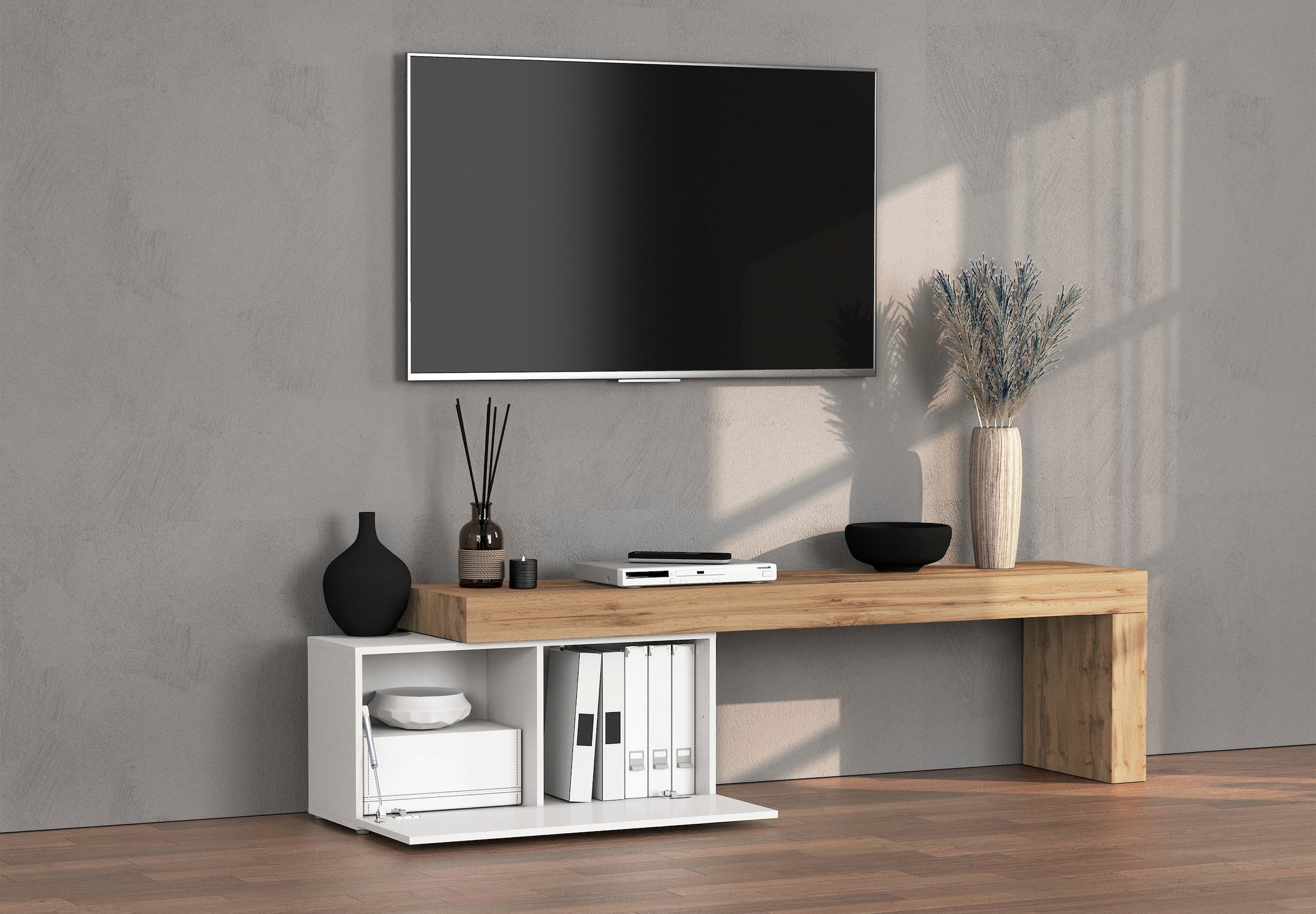 GOODproduct Lowboard »Chronos TV-Board, TV-Schrank« Breite verstellbar von 180 bis 260 cm, 1 Stk. tlg. Breite 220 cm TV-Board,Lowboard,1 Klappe und ein L-Förmiger Aufsatz