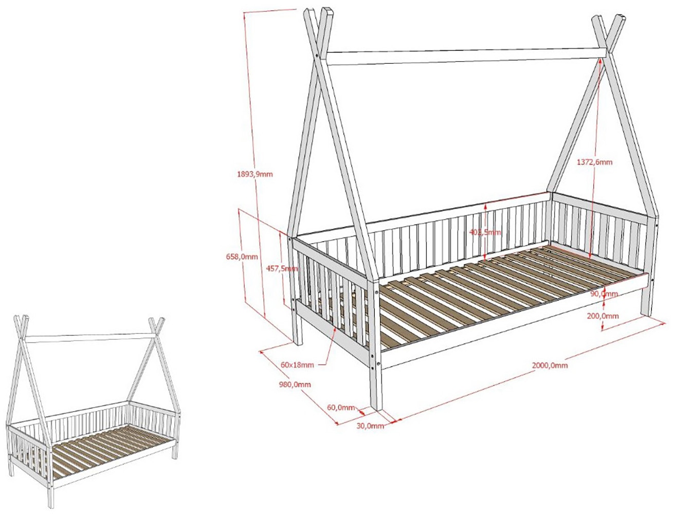 Vipack Massivholzbett »mit Tipi Dach, seitlich und hinten mit Sprossenumrandung« Liegefläche 90/200 cm inkl. Massivholz Rollattenrost,  Korpus aus massiver Kiefer, weiss lackiert