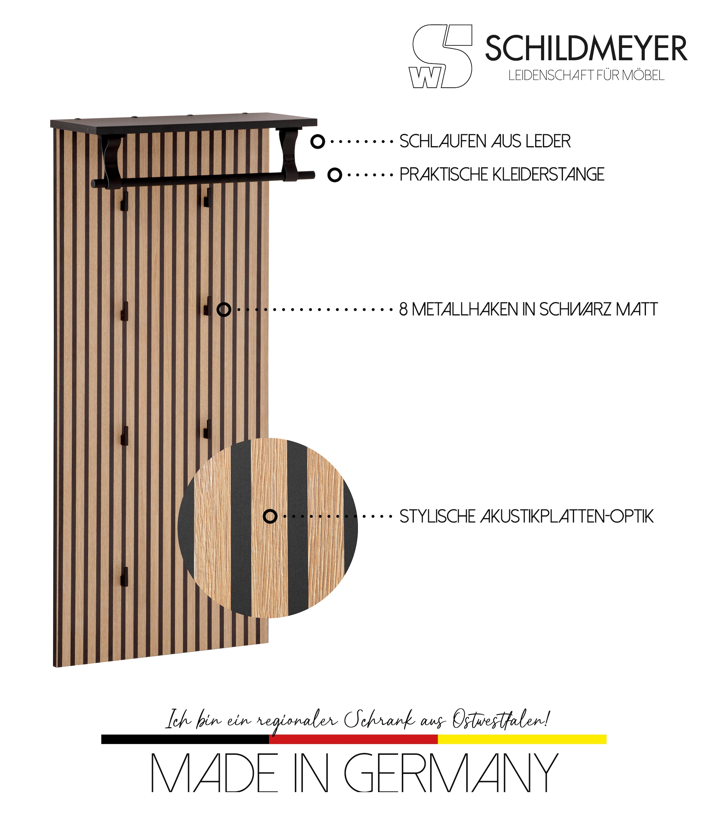 Schildmeyer Garderobenpaneel »Loft, Breite 50 cm made in Germany«, Akustikprint, 8 Kleiderhaken