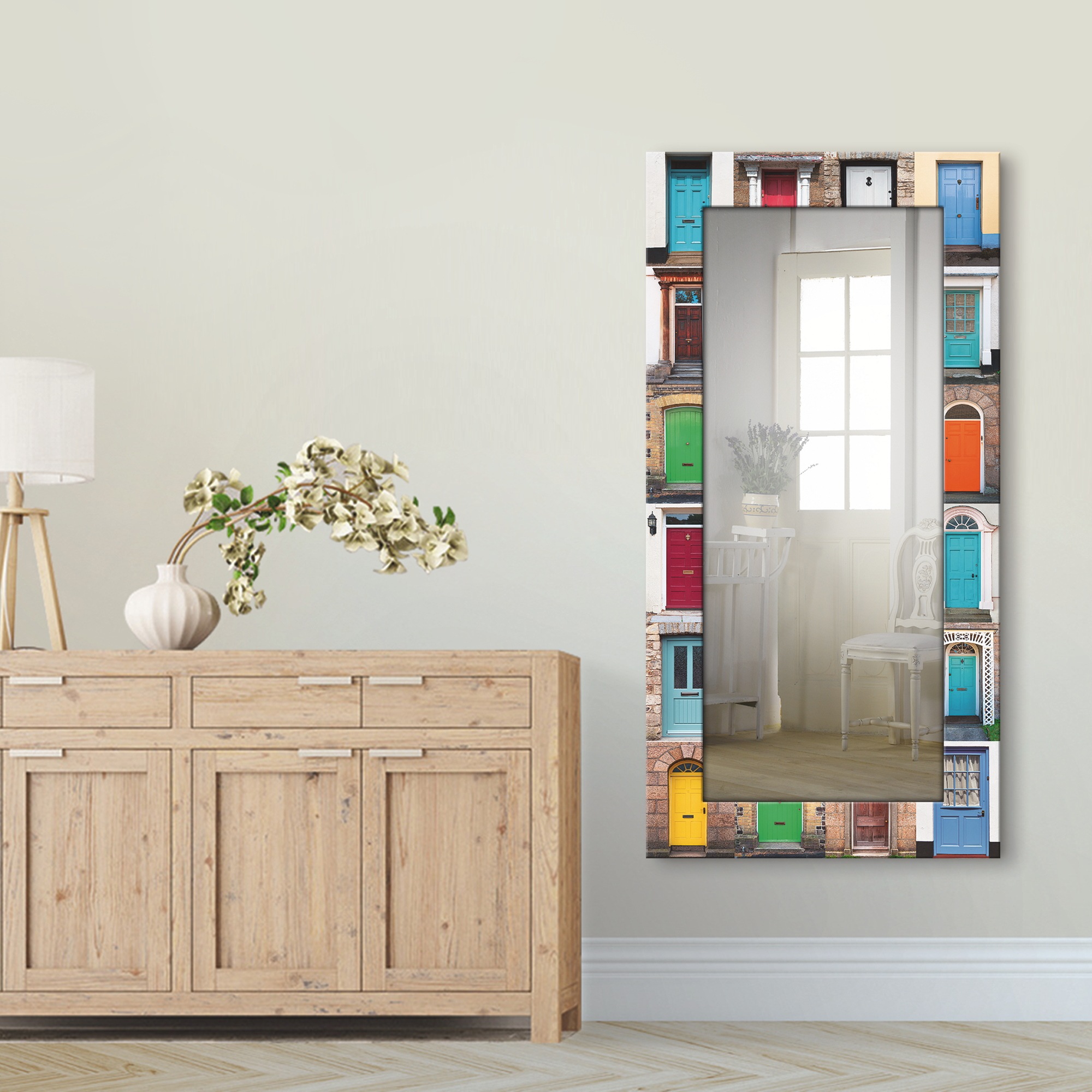 Image of Artland Dekospiegel »Fotocollage von 32 bunten Haustüren«, gerahmter Ganzkörperspiegel mit Motivrahmen, geeignet für kleinen, schmalen Flur, Flurspiegel, Mirror Spiegel gerahmt zum Aufhängen bei Ackermann Versand Schweiz