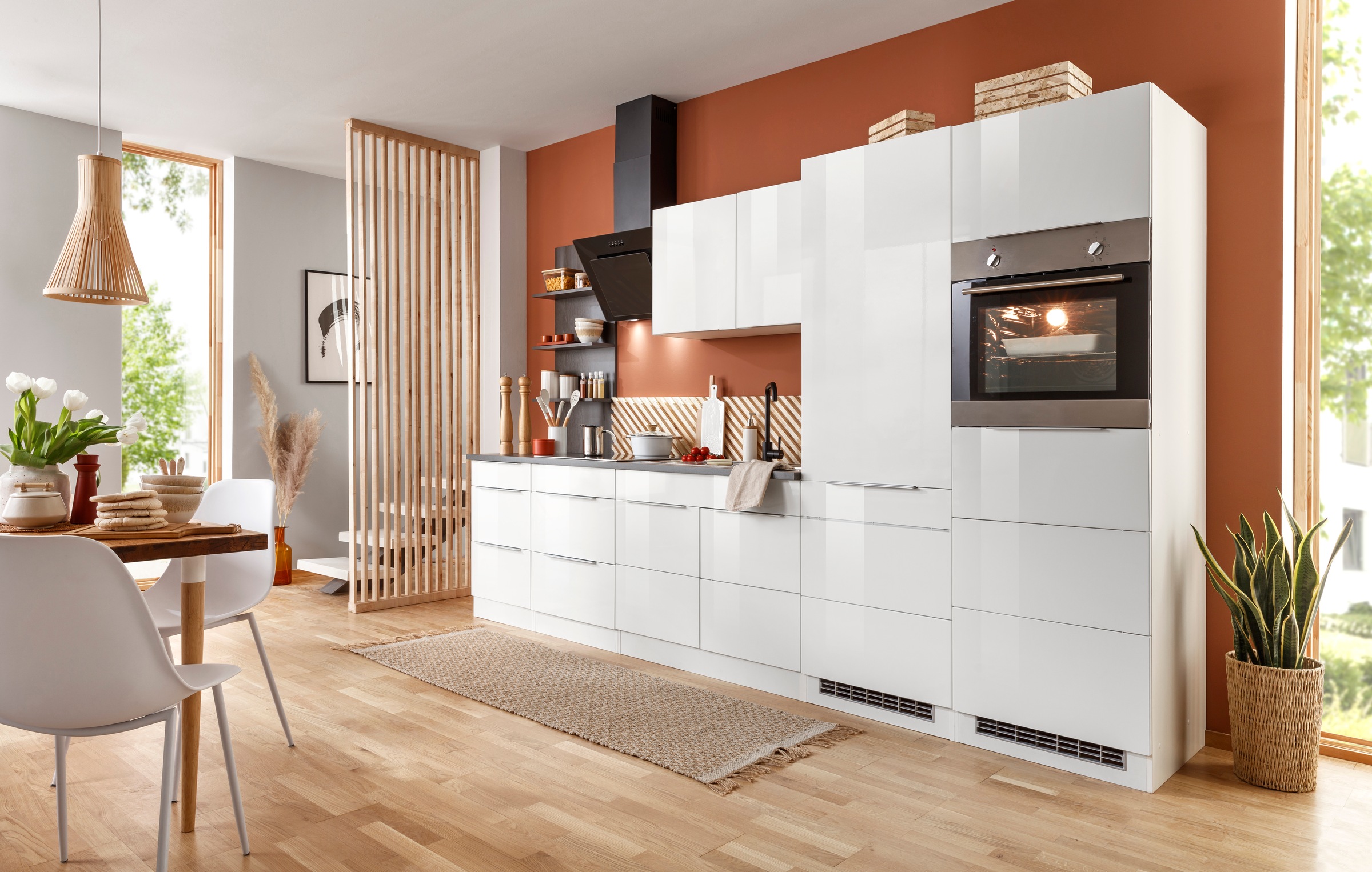 KOCHSTATION Küchenzeile "KS-Brindisi Breite 330 cm" wahlweise mit E-Geräten und Induktion, mit MDF-Fronten und Regal