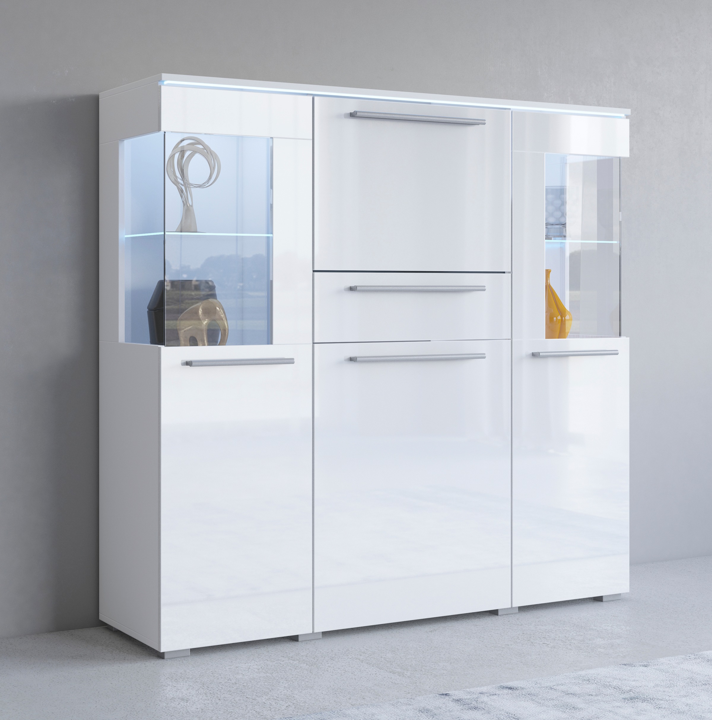 Image of GOODproduct Highboard "India,Breite 130cm, stilvolle Hochkommode 3Türen, Klappe und Schublade" Hochschrank viel Stauraum, Einlegeböden verstellbar,ohne Beleuchtung