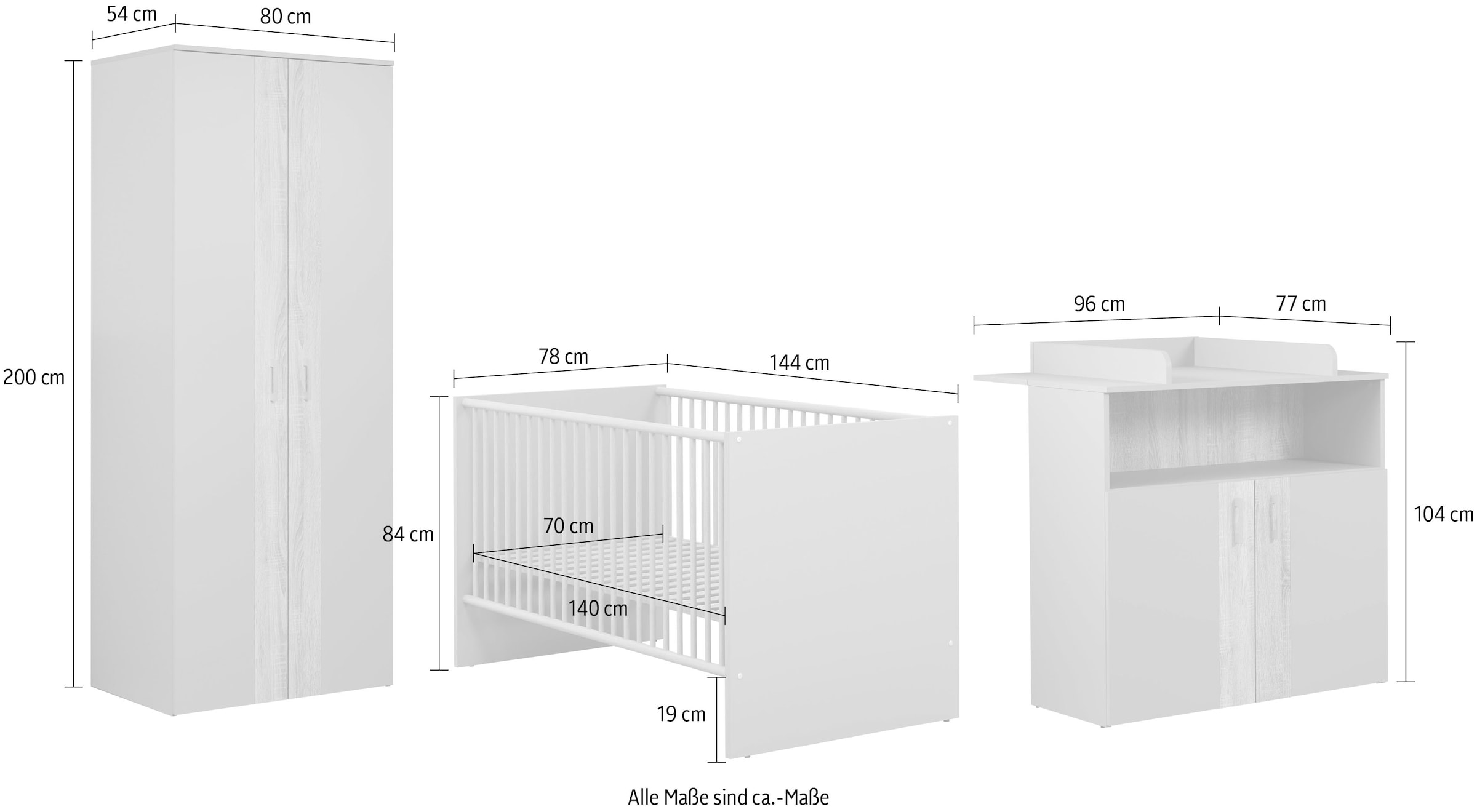 trendteam Babymöbel-Set »Beja«, (Set, 3 tlg.), Gitterbett, Wickelkommode und Kleiderschrank - silberfarbene Griffe