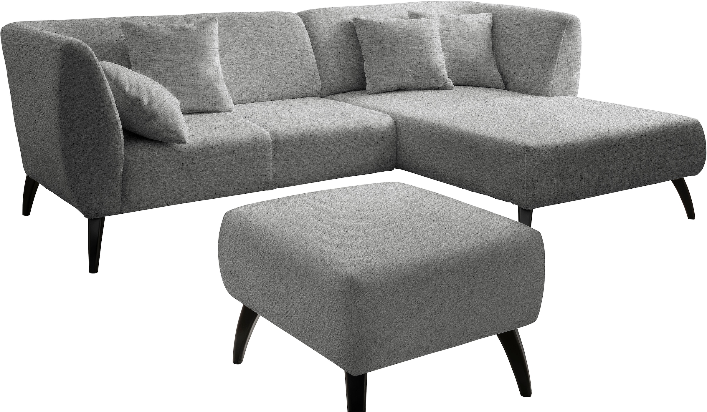 INOSIGN Ecksofa »Colori Polstermöbel mit zeitlos eleganter Rückenführung. L-Form« Holzfussfarbe wählbar, inkl. 4x Zierkissen