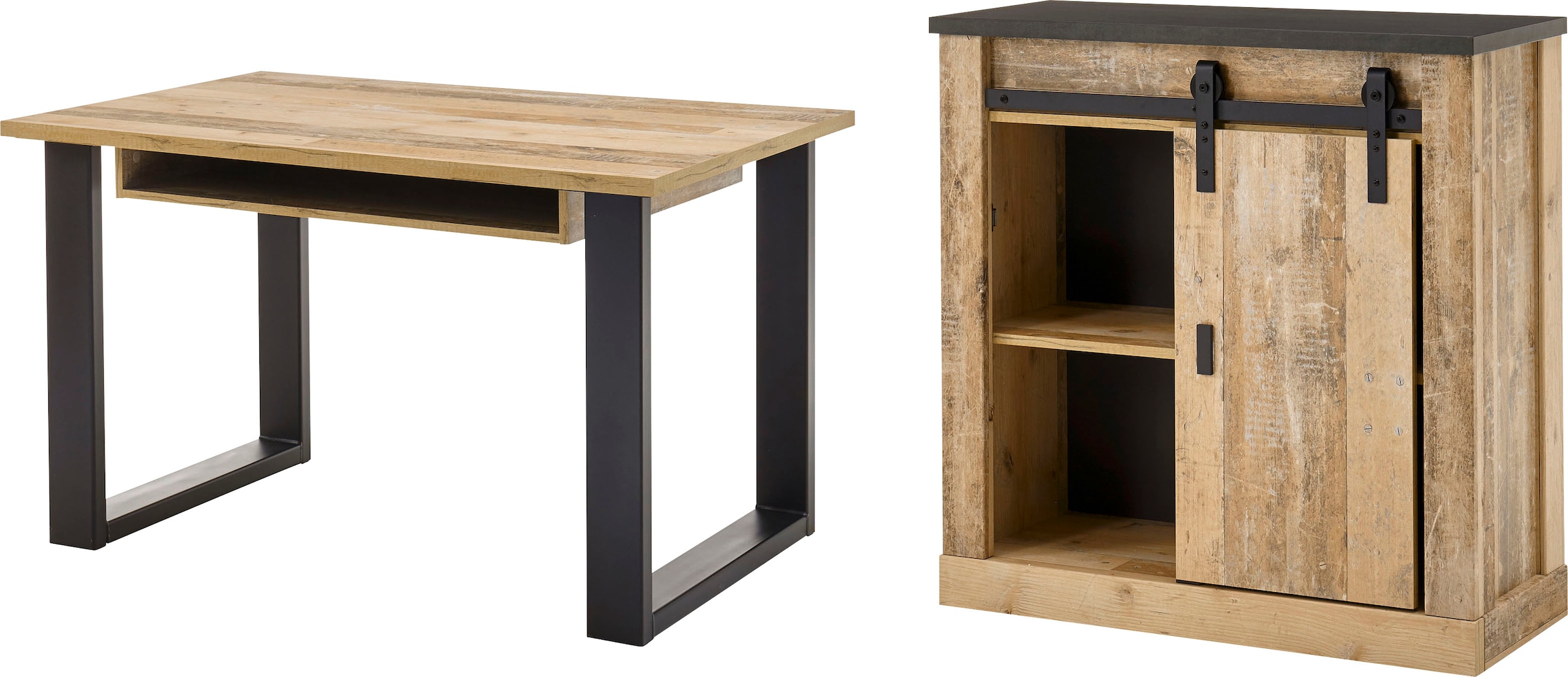 Home affaire Schrank-Set »SHERWOOD«, (2 St.), Büromöbel Set mit Scheunentorbeschlag aus Metall, Breite ca. 220 cm
