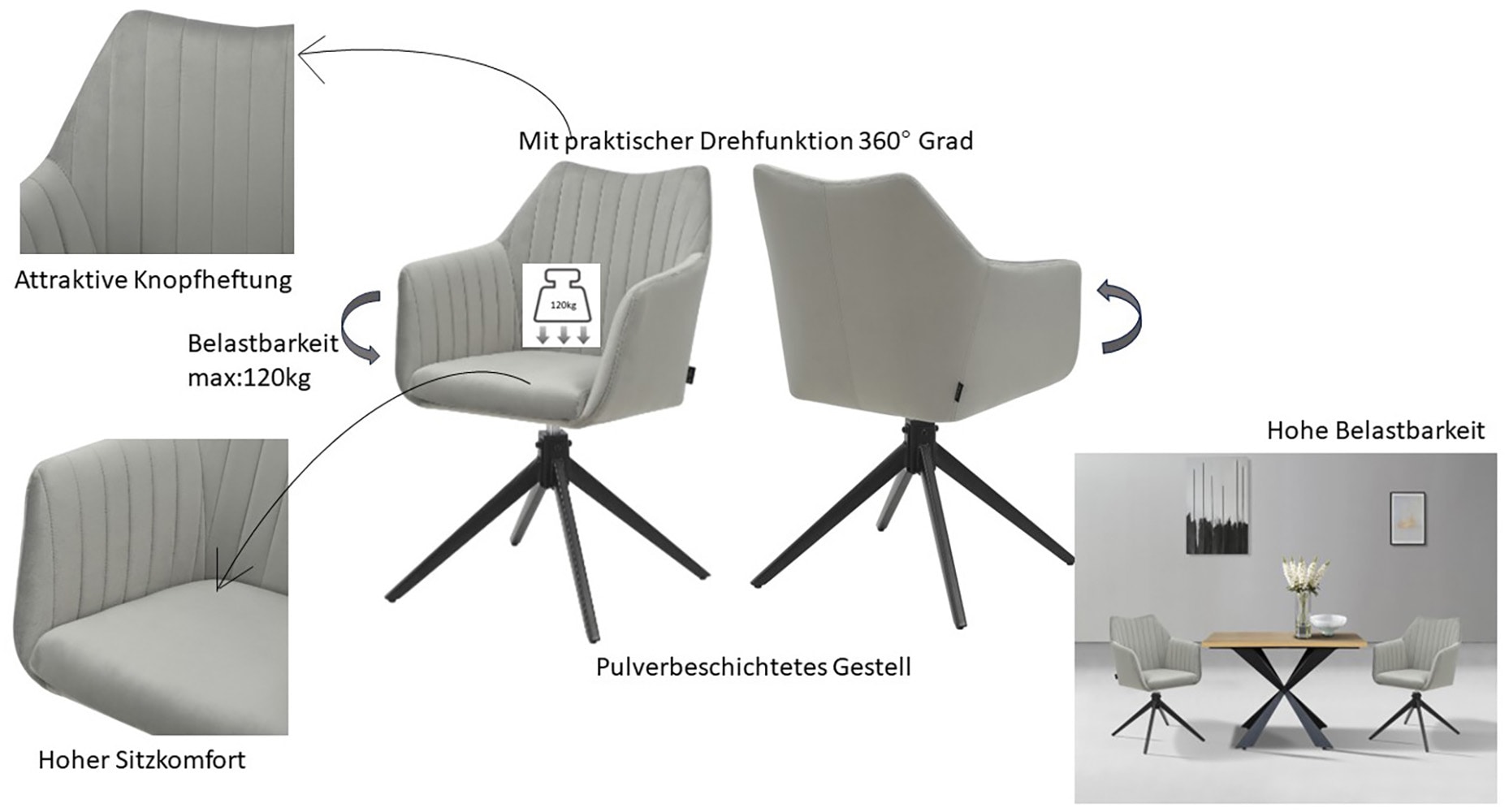 Home affaire Esszimmerstuhl »TAMPAST1, TOPSELLER!«, (Set), 2 St., Samtvelours, mit Drehfunktion 360 Grad