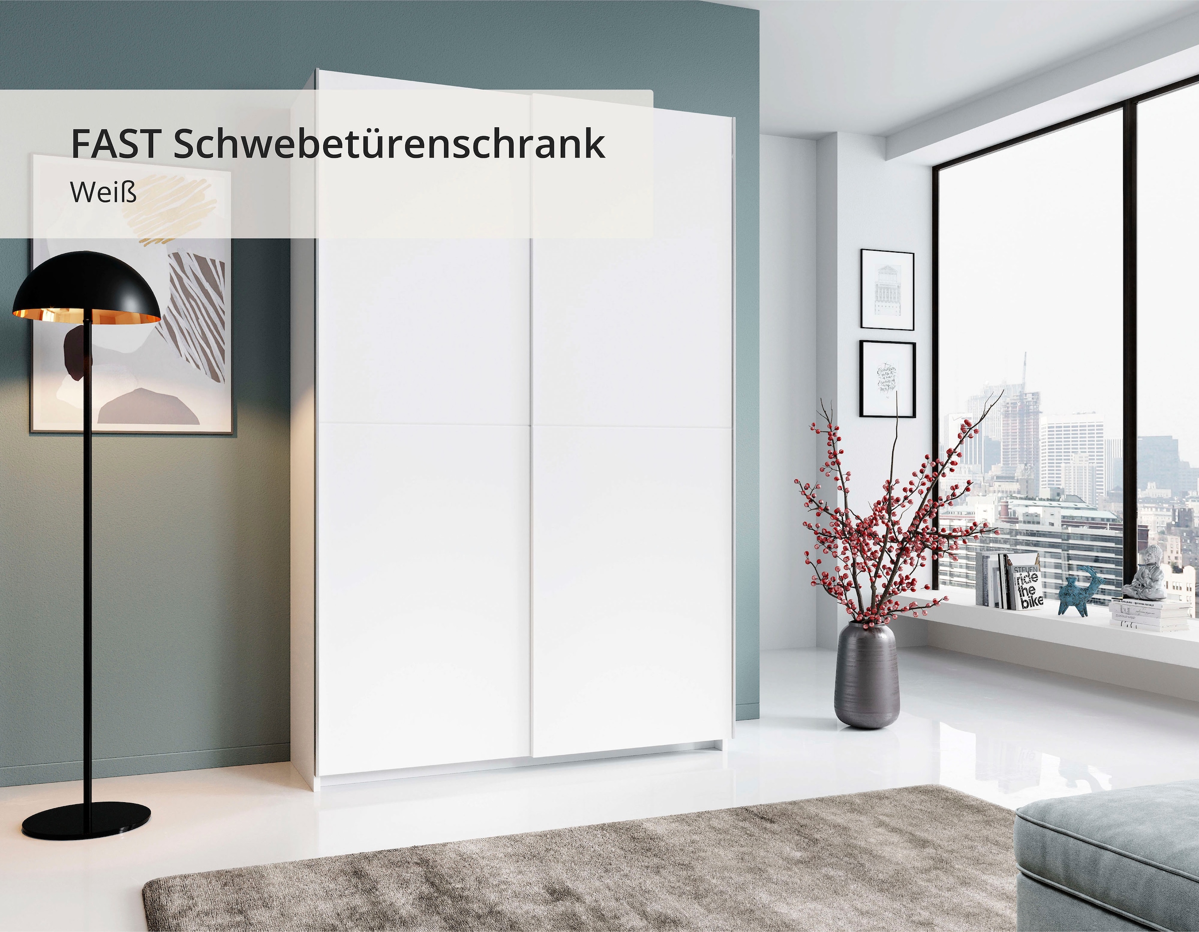Image of Schlafkontor Schwebetürenschrank "Heimo/Fast Schrank Kleiderschrank Garderobe" geringe Tiefe, ausziehbarer Kleiderstange, Garderobenschrank, 6 Böden
