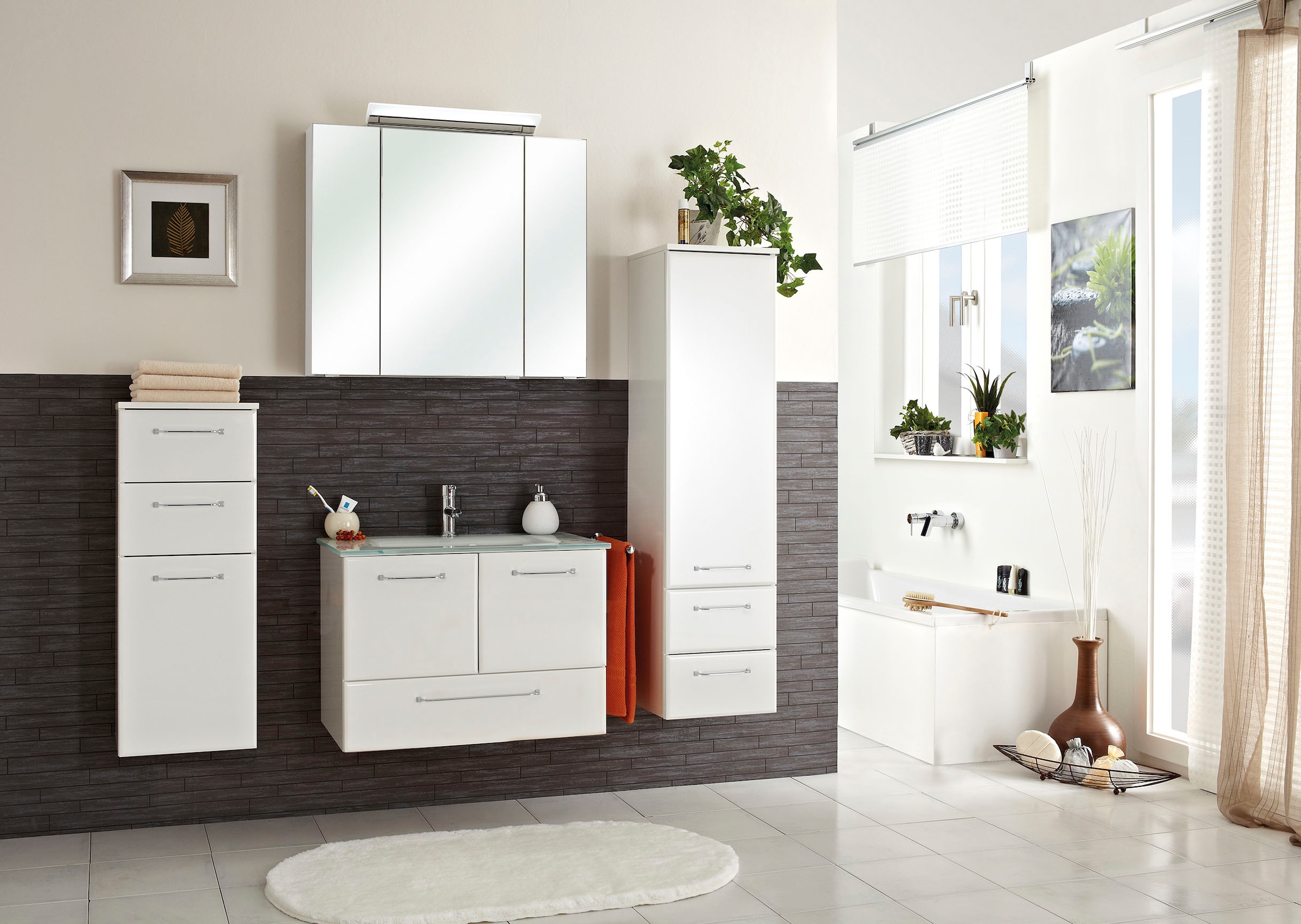 Saphir Waschtisch »Quickset Glaswaschtisch mit Unterschrank, 74 cm breit, Waschplatz« Griffe in Chrom Glanz, inkl. Türdämpfer, 2 Türen, 1 Schublade