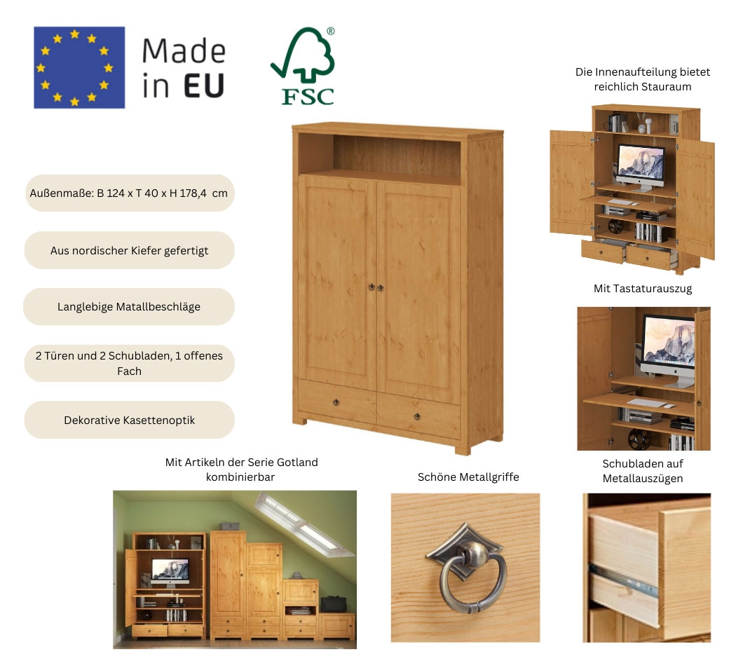 GOODproduct Armoire à linge »Gotland! Home Office Schrank, Mehrzweckschrank, Büroschrank« H/B/T ca. 180/125/40cm,  mit Ausziehregal, Schublade, stabil + langlebig, Massivholz made in EU