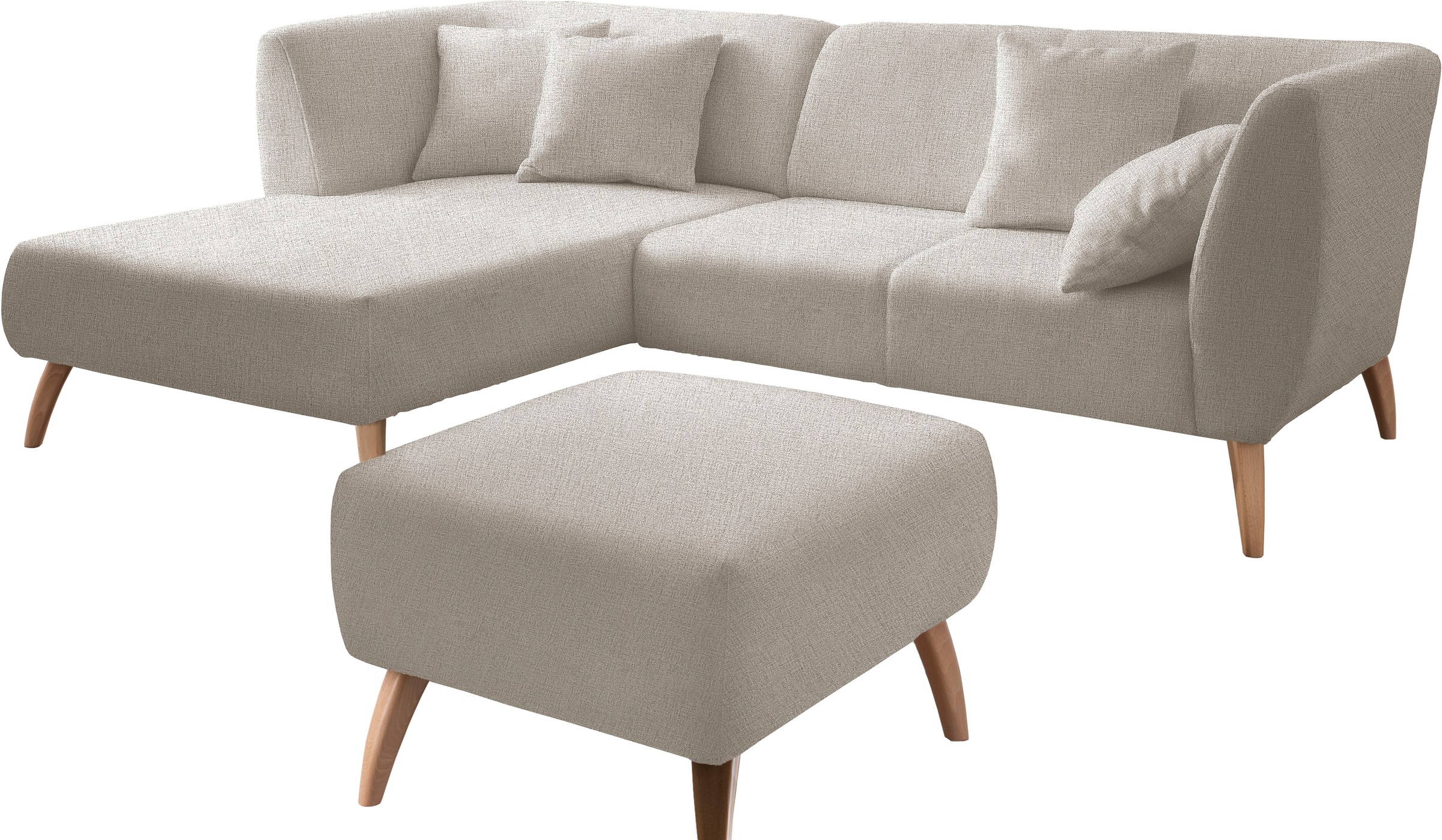 INOSIGN Ecksofa »Colori Polstermöbel mit zeitlos eleganter Rückenführung. L-Form«, Holzfussfarbe wählbar, inkl. 4x Zierkissen