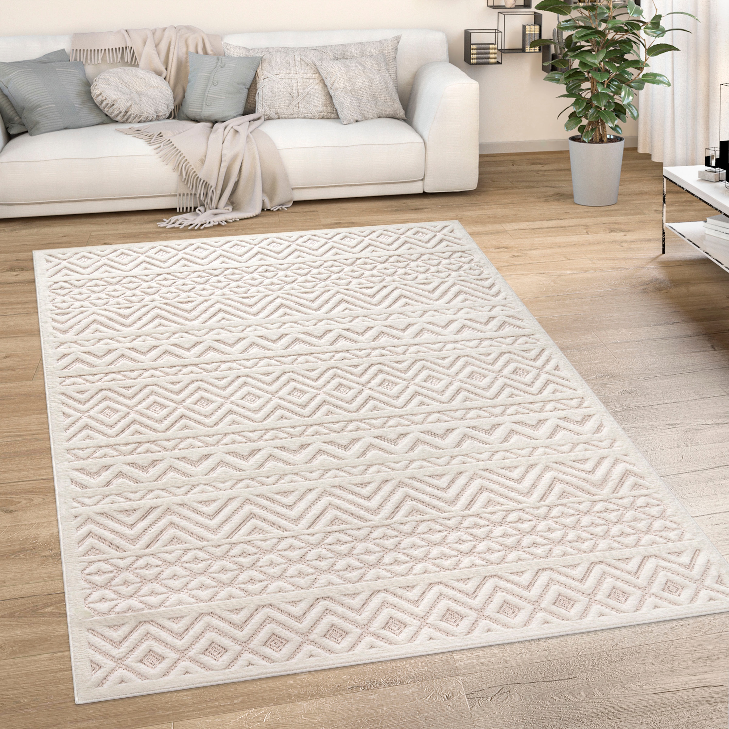 Image of Paco Home Teppich "Livorno 673" rechteckig 14 mm Höhe Uni-Farben, Scandi, Rauten Muster, Hoch-Tief Effekt, Outdoor geeignet