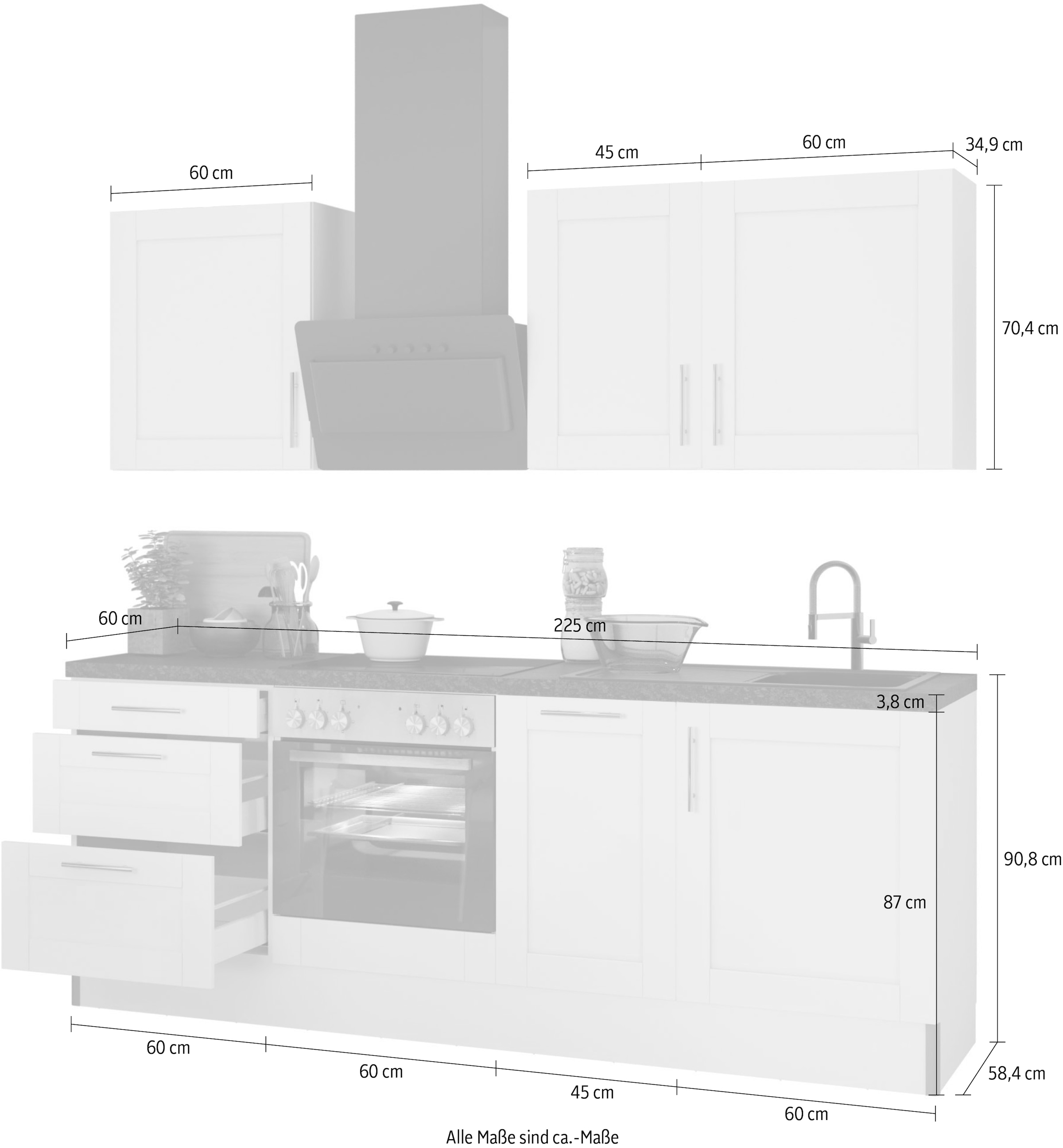 KOCHSTATION Cuisine »KS-Ahus« Breite 225 cm,wahlweise mit E-Geräten,MDF Fronten,Soft Close Funktion