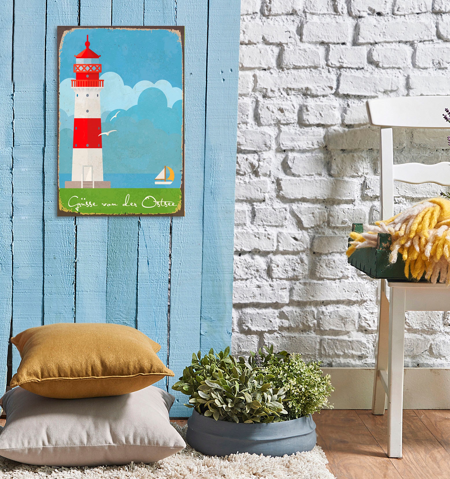 queence Metallbild »Ostsee Grüsse«, Schriftzüge-Schriftzug-Küste-Leuchtturm, (1 St.), Stahlschilder